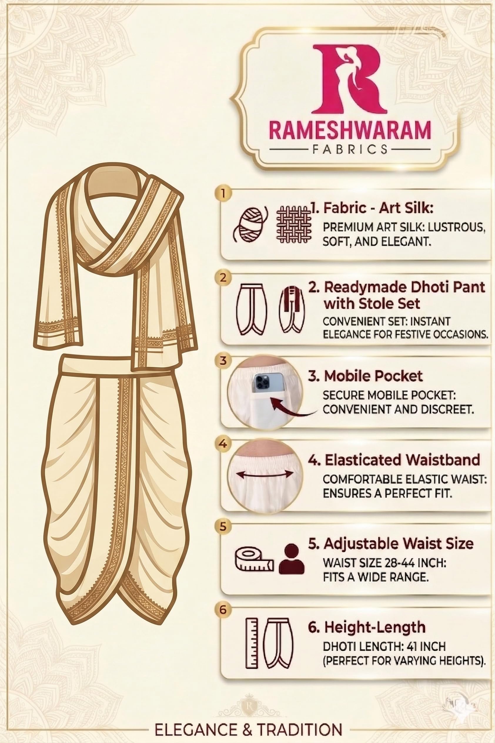 Rameshwaram Fabrics Herren Seide Ready to Wear Dhoti für Männer (fertige Dhoti-Hose mit Dupatta), passend zu Kurta, Einheitsgröße