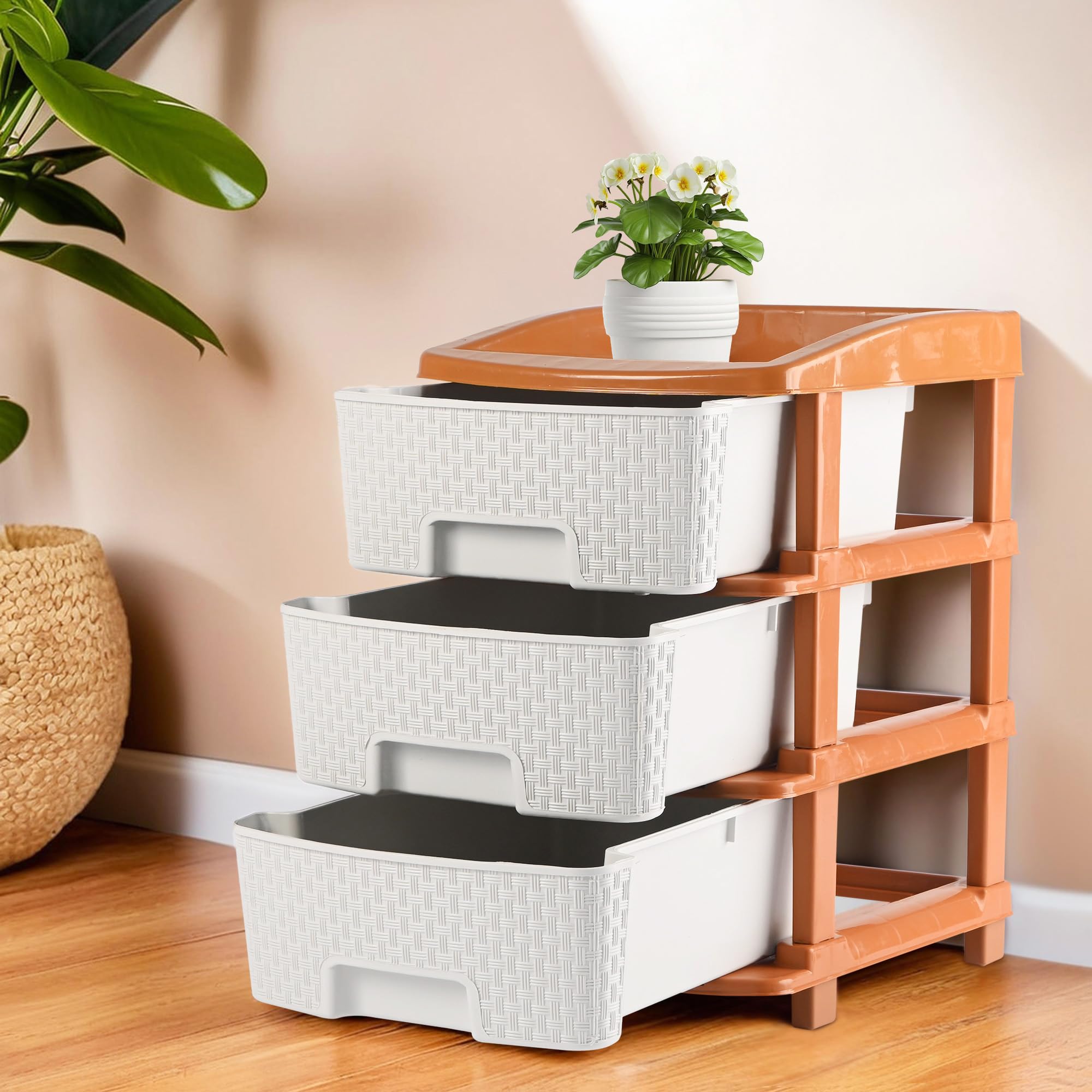 Kuber Industries Plastic 3 Tier Multipurpose Modular Drawer Storage Rack | Kitchen & Home Essentials Organizer Storage Box Cabinet | Almira Set for Stationary, Kitchen, Cosmetic | White & Golden-image-32