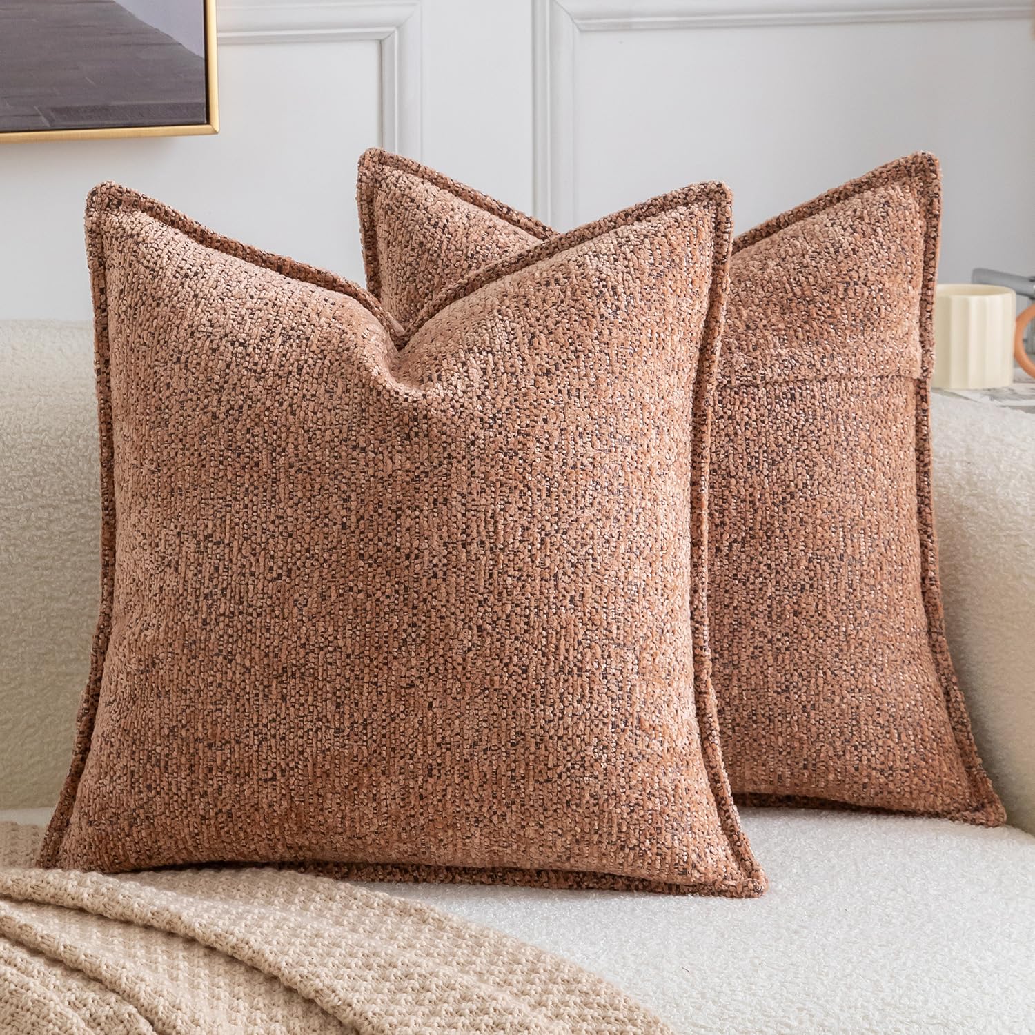 Madizz Pack of 2 Decorative Cushion Covers Boho Soft Textured Chenille Throw Pillows Solid Pillow Covers for Couch Sofa Bedroom Living Room 40x40 CM, Bronze
