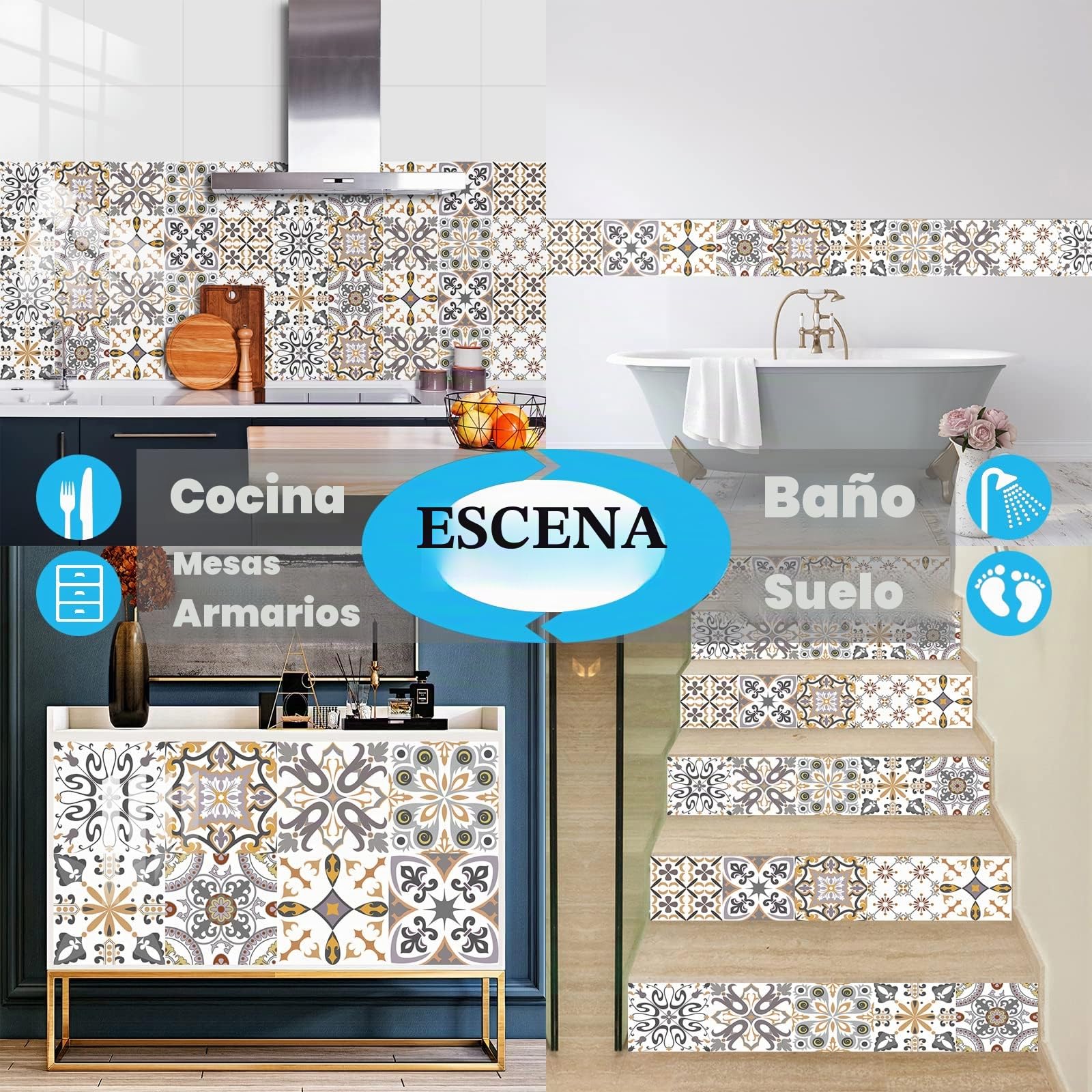 Adhesivos para azulejos de mosaico impermeable PVC autoadhesivo decoración adhesivos para azulejos simples estilo Marruecos, paredes adhesivas DIY (40,20 x 20 cm)