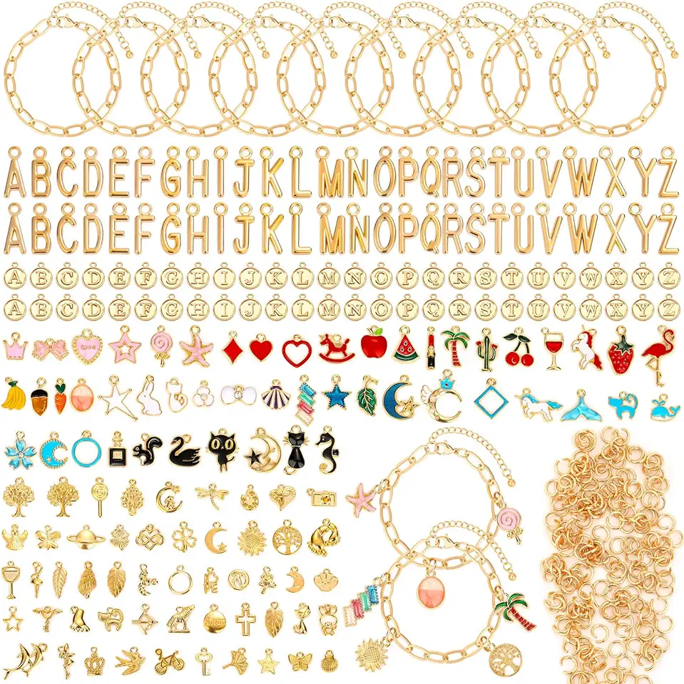 Flasoo Flasoo 416 Pieces Gold Charm Bracelet Making Kit, Including Paperclip Chain Bracelets, Charms, Jump Rings for Jewelry Making