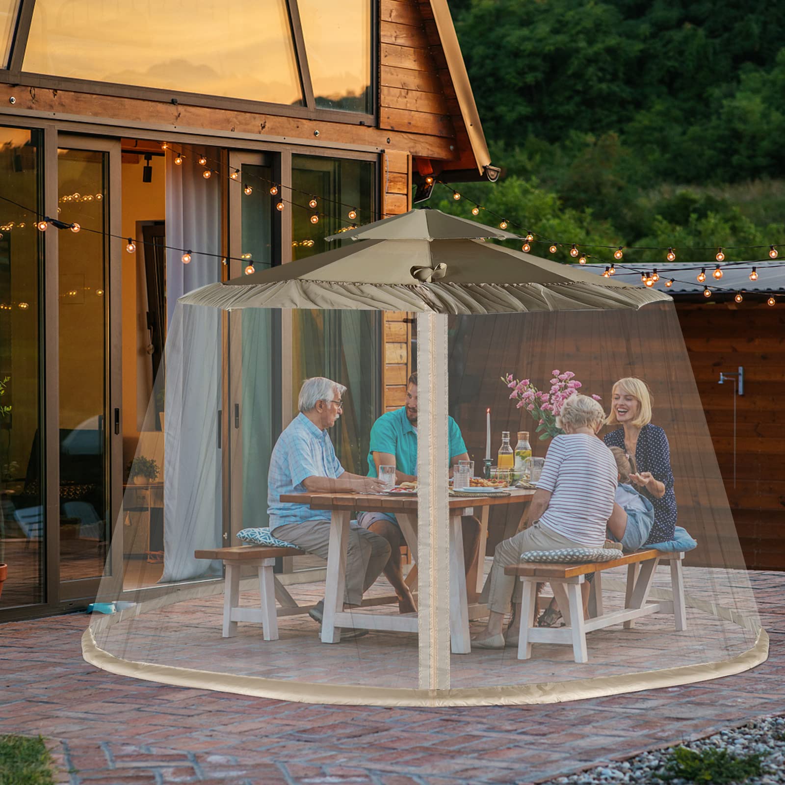 LIFEZEAL Zanzariera Ombrellone da Giardino, Zanzariera Gazebo da Patio, Regolabile, Schermo Rete per Esterno Anti Zanzara, Mosche, AntiVento, 2 Aperture a Cerniera, Stabile Base,12,5x2,3m, Beige