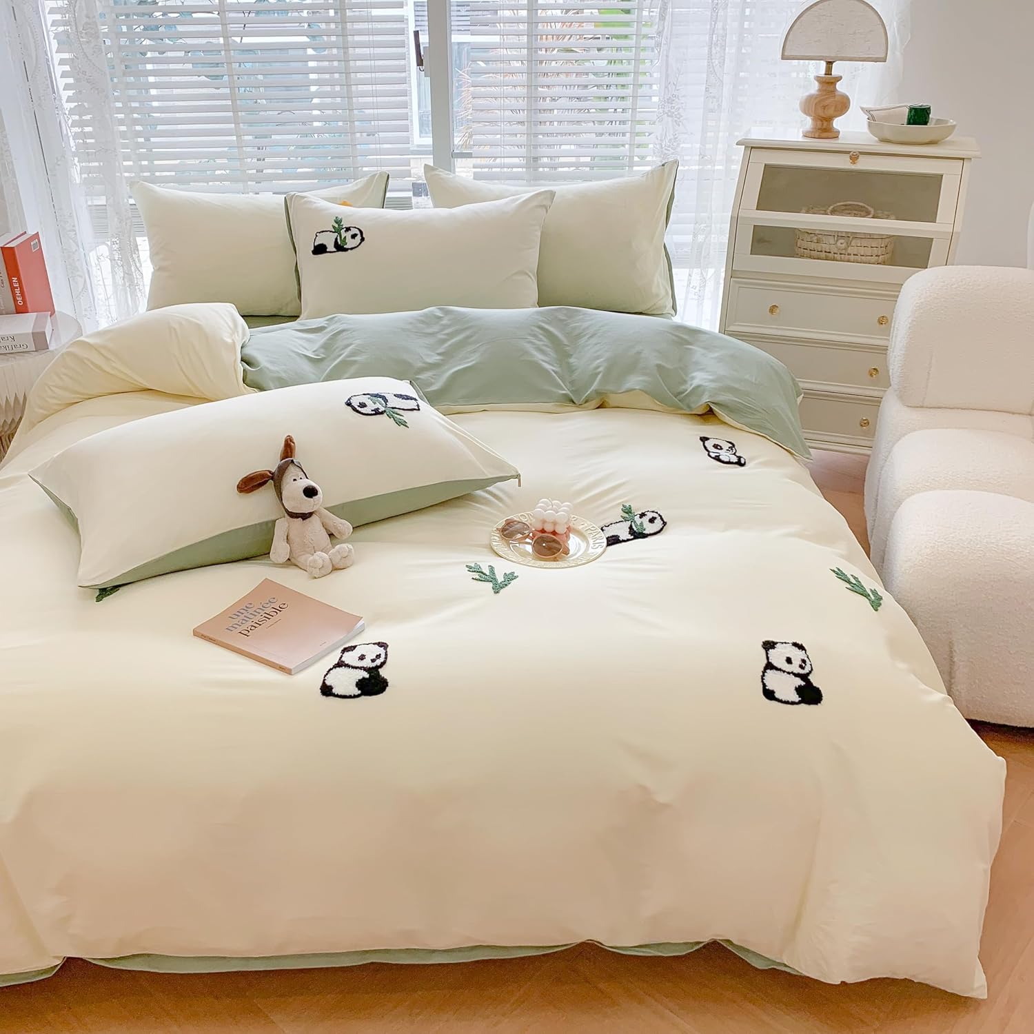 MorroMorn Twin Duvet Cover Cotton, Green 3D Embroidery Twin Bedding Sets, Cute Chenille Embroidered Comforter Covers Summer Blanket Soft for Girls Boys Kids Teen Preppy Dorm (Panda, Twin/Twin XL) Twin/Twin XL Panda