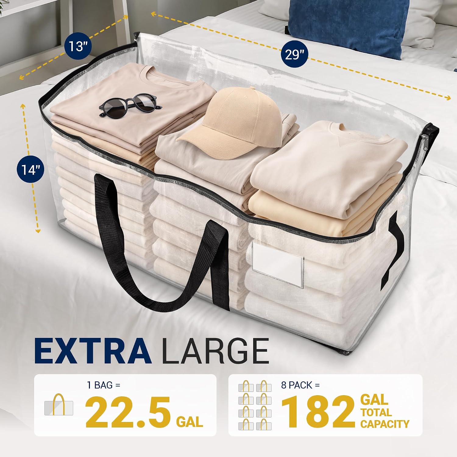 Reli. Moving Bags Heavy Duty (8 Pack) | Extra Large Totes for Storage & Packing | Small Space & Dorm Room Essentials | Packing Bags with Handles & Zippers | Alternative to Moving Boxes (Clear)
