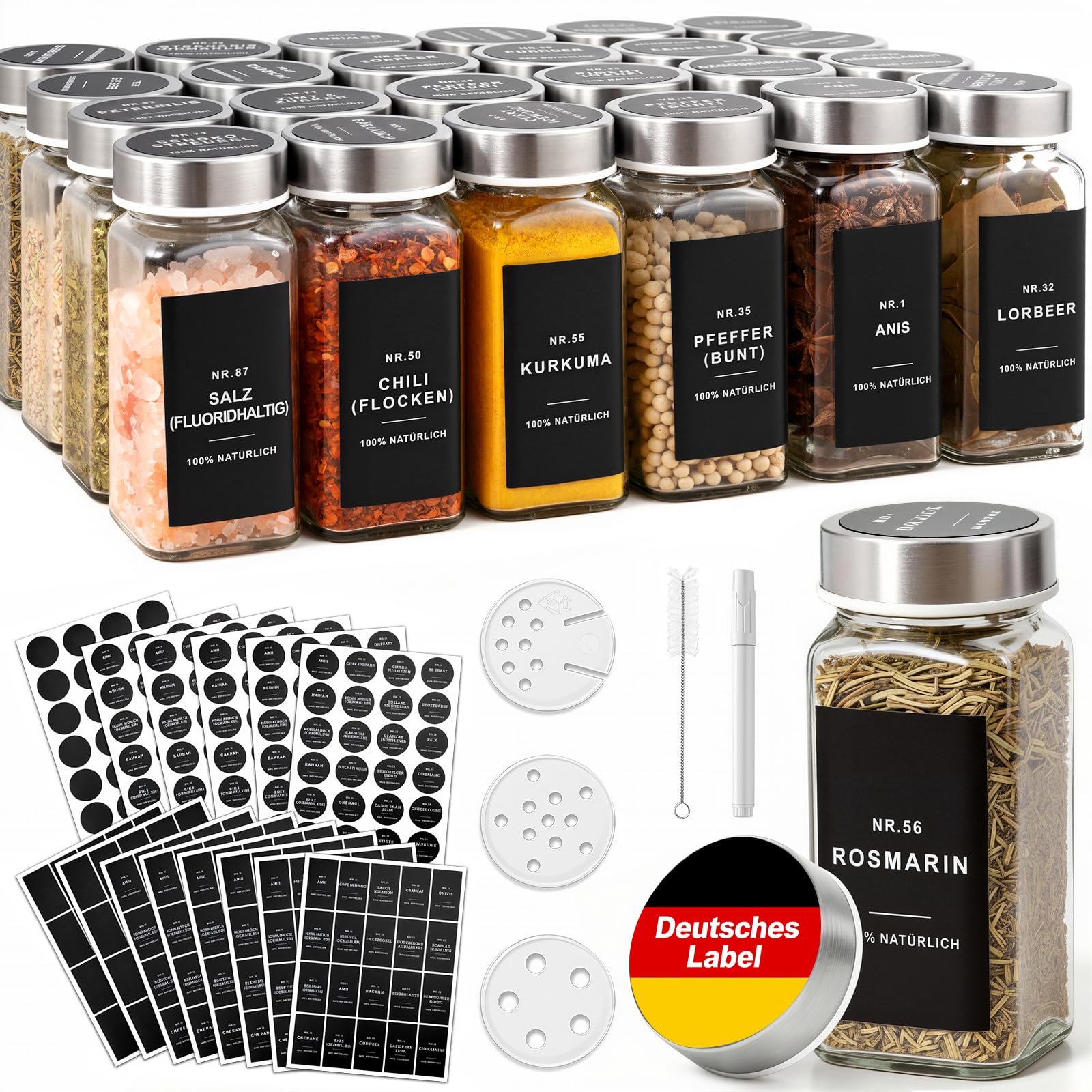 OMOZUN Gewürzgläser eckig mit Set 24er :120 ml Gewürzdosen Glas mit Etiketten & Streueinsatz – Luftdichte Gewürzstreuer – Gewürze Organizer für Küche & Schublade – Gewürzaufbewahrung