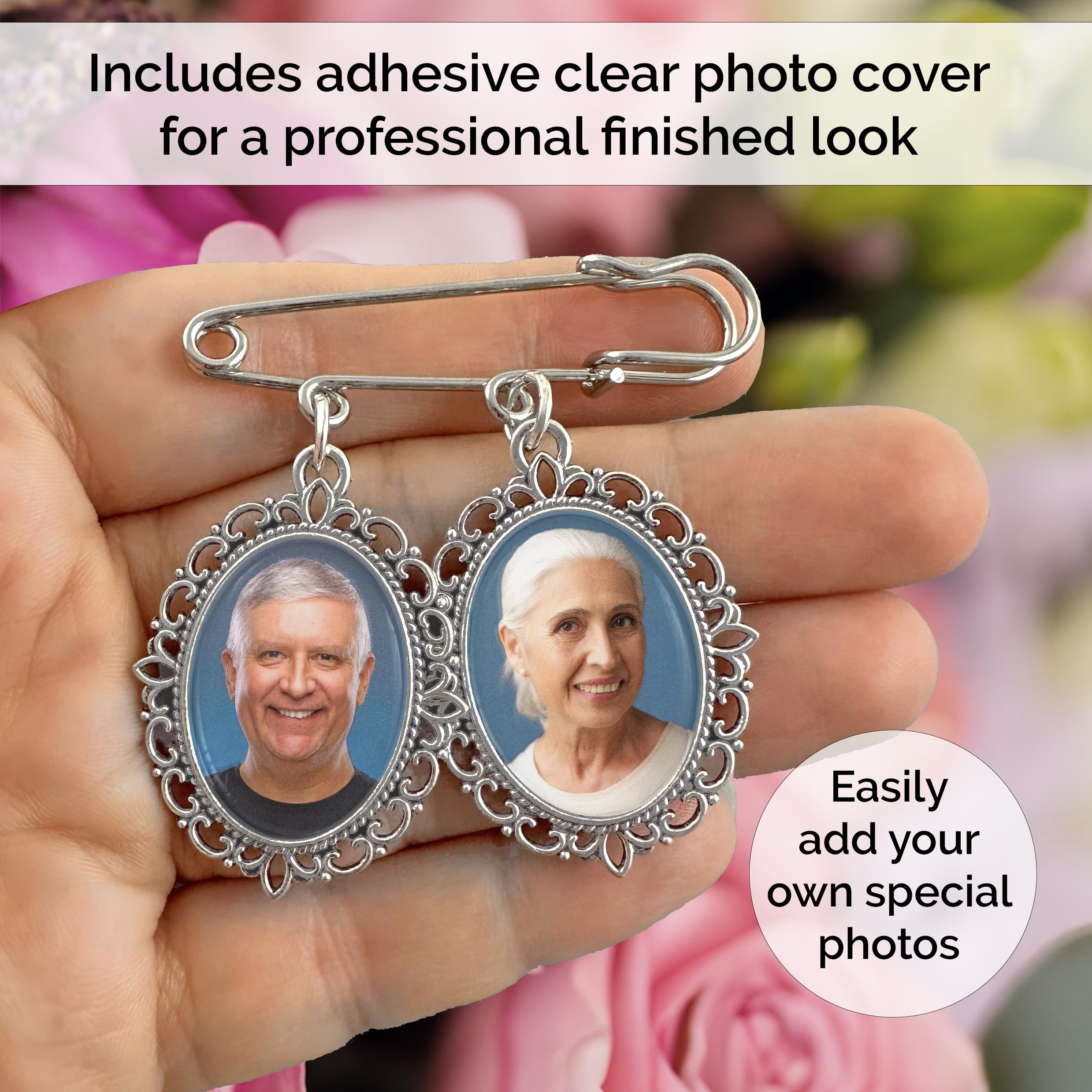 Doppelter Foto-Hochzeitsstrauß, Foto-Anhänger für Brautblumen oder Anstecknadel, mit Foto-Resizer