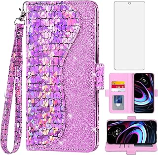 Asuwish Phone Case for Motorola Moto Edge 2021/MotoEdge 5G UW Wallet Cover with Screen Protector and Wrist Strap Flip Credit Card Holder Bling Glitter Stand Cell MotoEdge5GUW Women Girls Pink