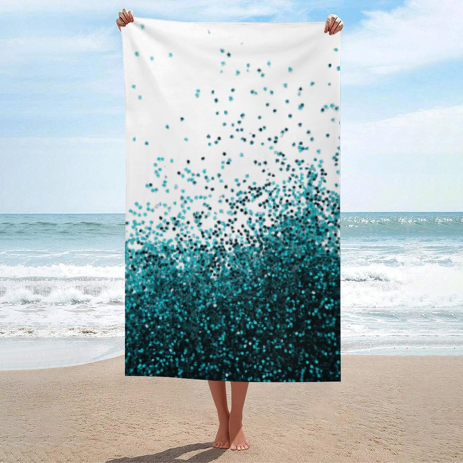 LEDFCVSU Beach Towel, Glitter Blue Teal Bath Towel, Absorbent Towel for Swimming, Sports, Travel