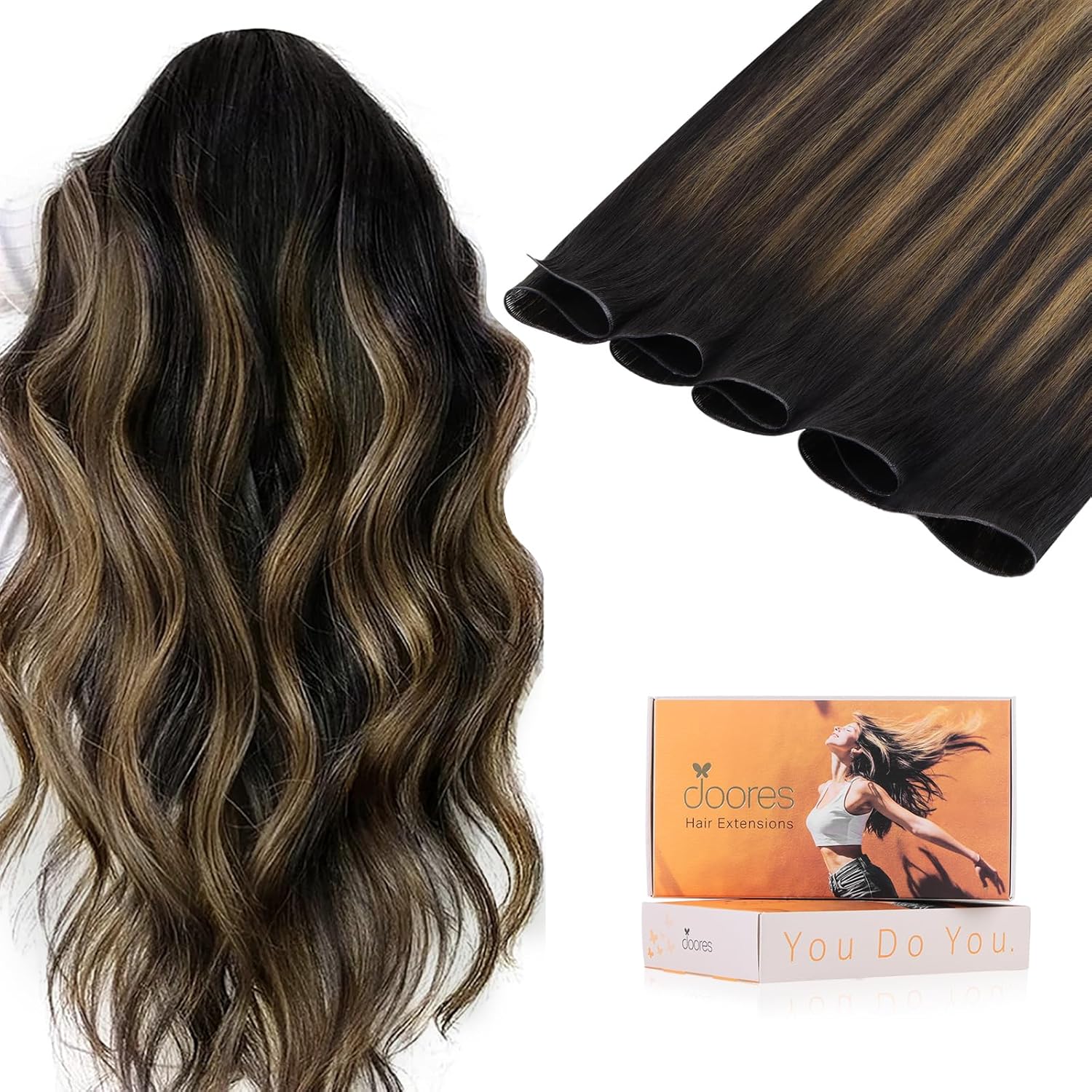 DOORES Sew in Hair Extensions Real Human Hair, 24 Inch Natural Black to Chestnut Brown 120g, Hair Extensions Sew in Hand Tied Weft High Density