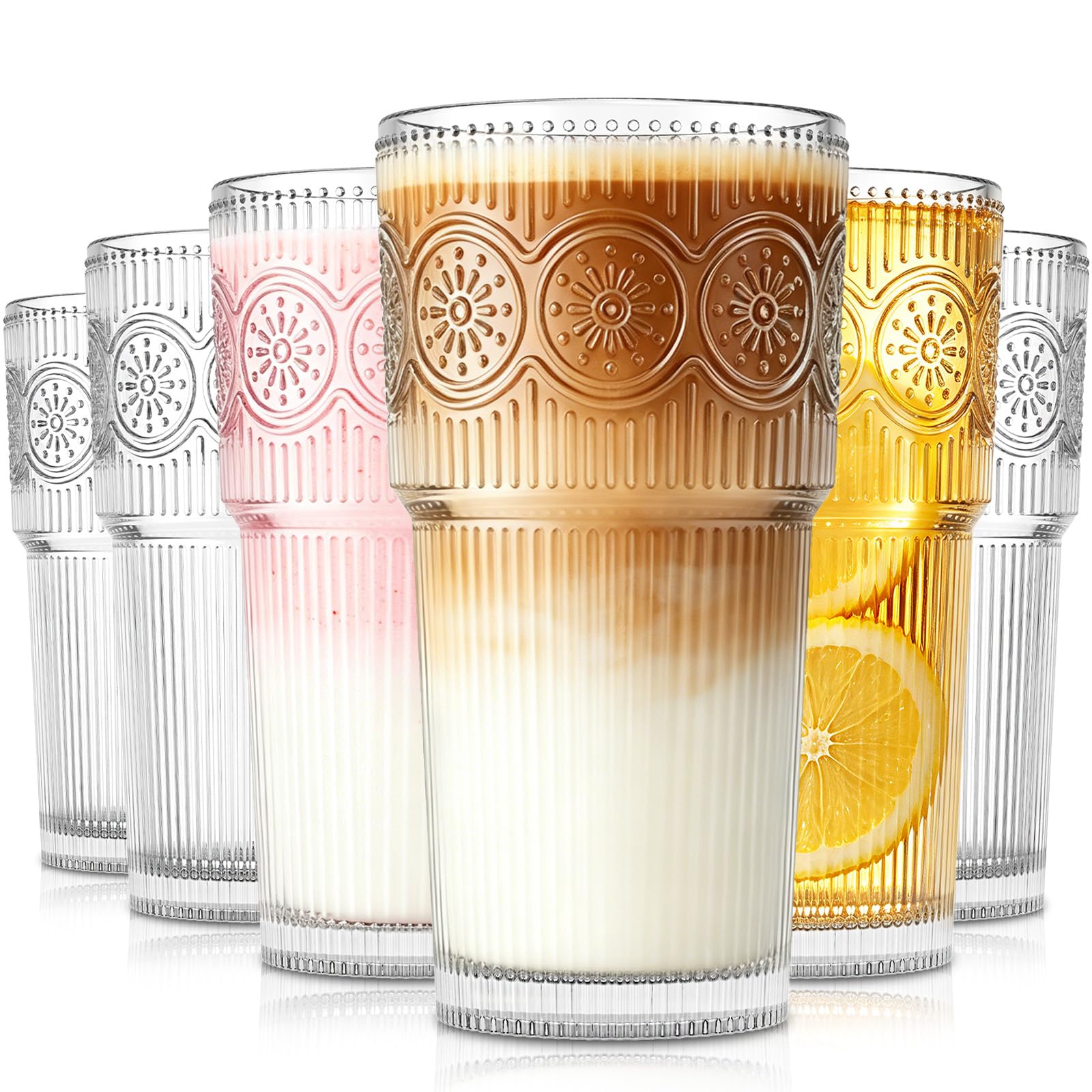 SoulTimes Wassergläser 600 ml 6er Set, Große Geriffelte Trinkgläser aus Dickem Glas, Gläser Set für Wasser, Saft, Iced Coffee, Cocktail, Tee & Matcha, Spülmaschinenfest, Geschenkidee & Camping