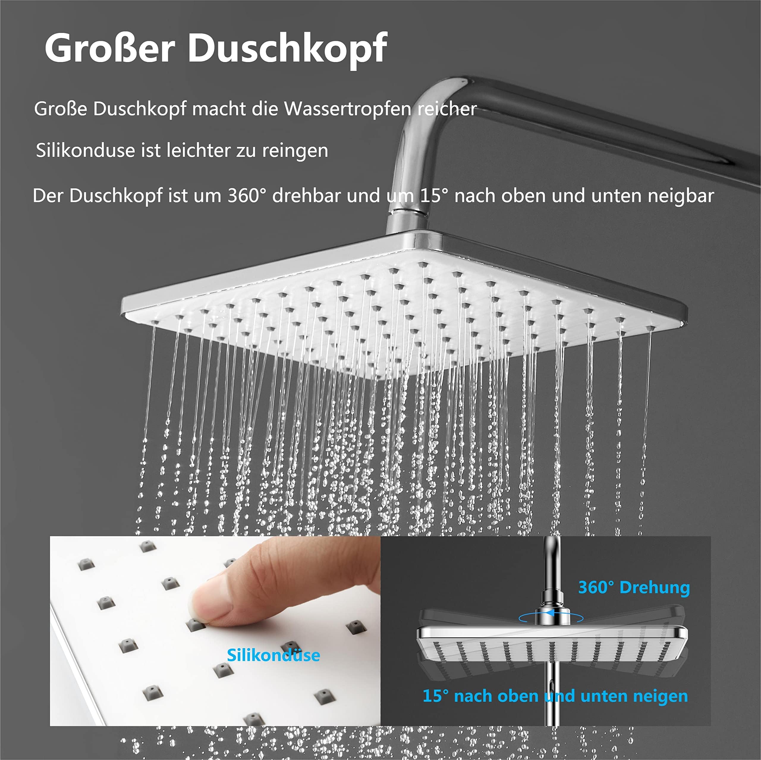 YOOZENA Duschsystem mit Thermostat, Regenduschkopf 26x19 cm, Handbrause, Chrom, Kupfer, höhenverstellbare Duschstange,duscharmatur komplettset