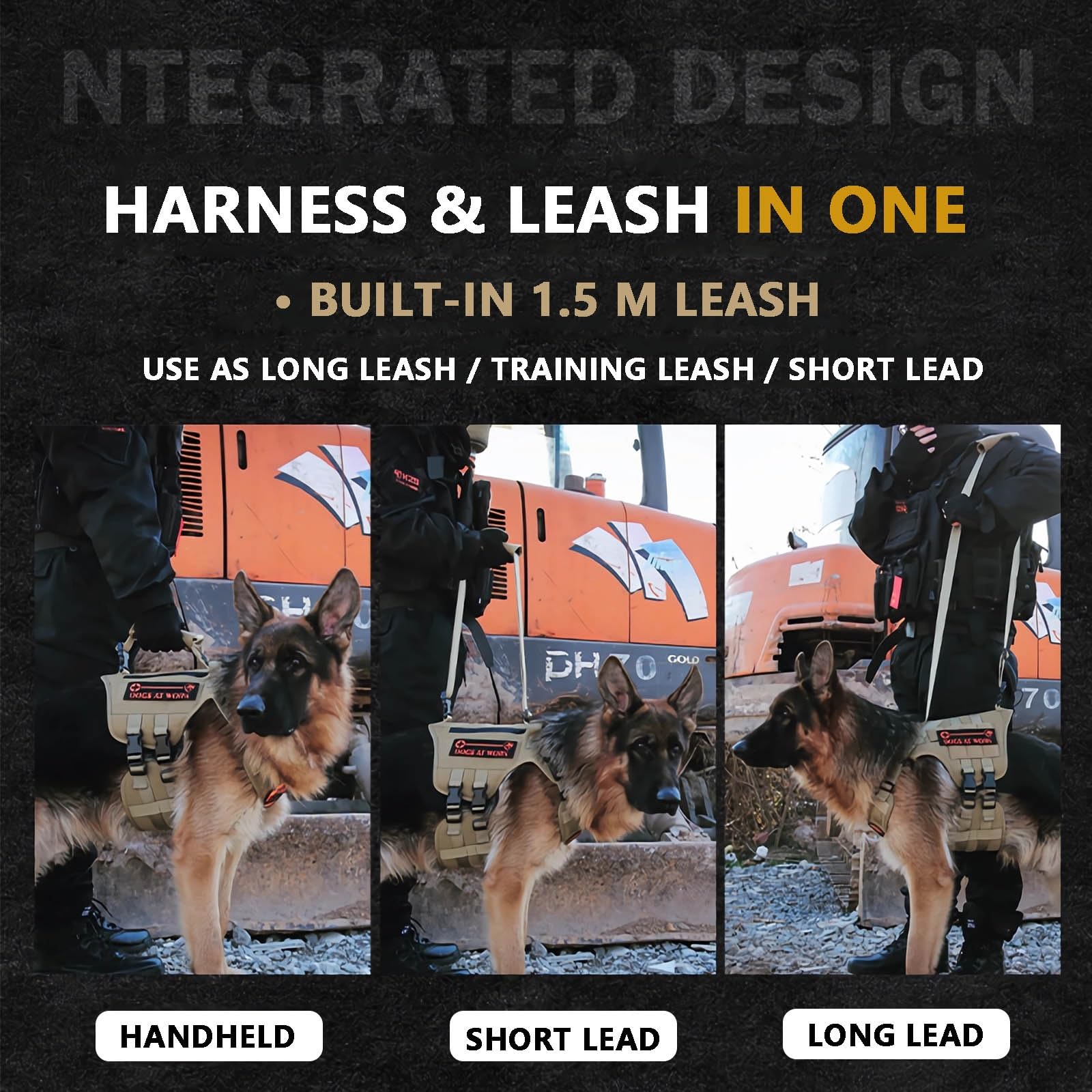 Imbragatura Tattica per Cani - Controllo Anti-trazione a 3 Punti | Oxford 1000D Resistente | Maniglie di Sicurezza Regolabili da 59 Pollici(Black,L)