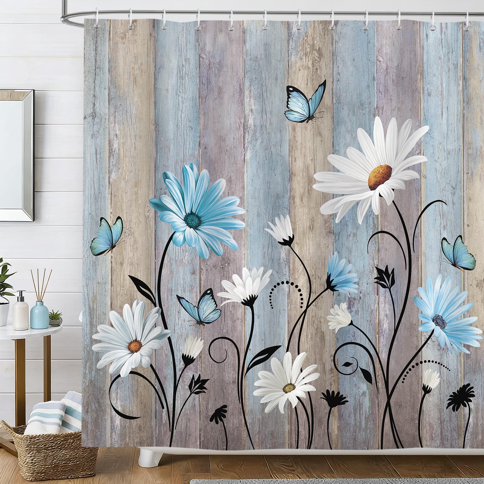 hometrixx Rustic Farmhouse Floral Long Shower Curtain Blue Daisy Flowers Butterfly Wooden Bathroom Polyester Shower Curtains Machine Washable Waterproof Fabric with 12 Hooks, 180 x 200 cm