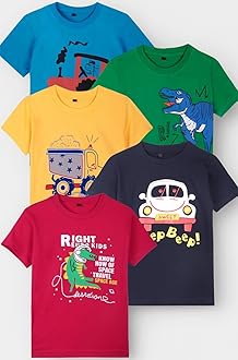 T2F Boys Cotton T-Shirts Pack of 5 |Soft Cotton Breathable Fabric | Half Sleeve Round Neck | Multicolor Casual Wear Combo | Kids Clothing for 2–16 Years