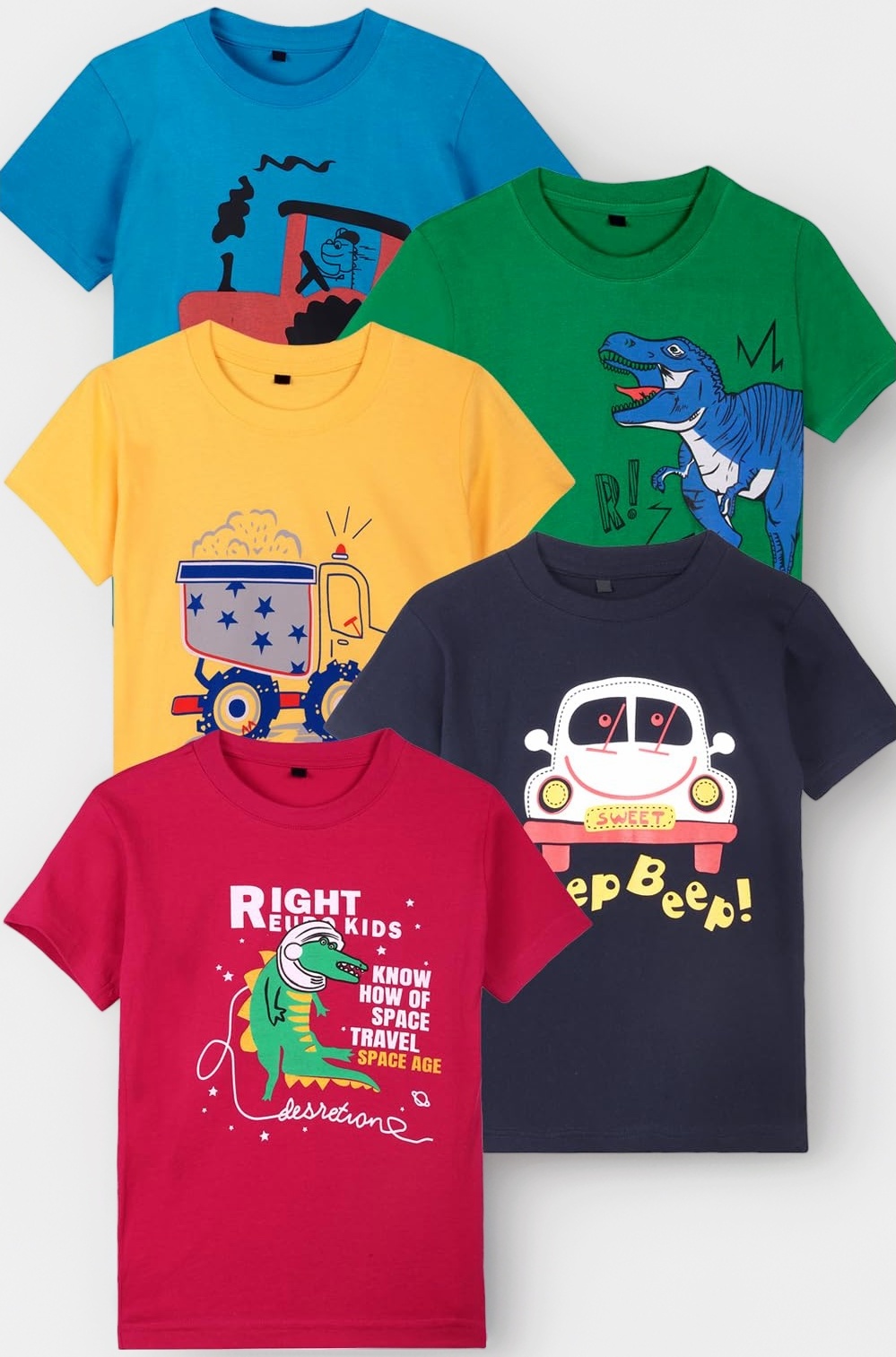 T2F Boys Cotton T-Shirts Pack of 5 |Soft Cotton Breathable Fabric | Half Sleeve Round Neck | Multicolor Casual Wear Combo | Kids Clothing for 2–16 Years