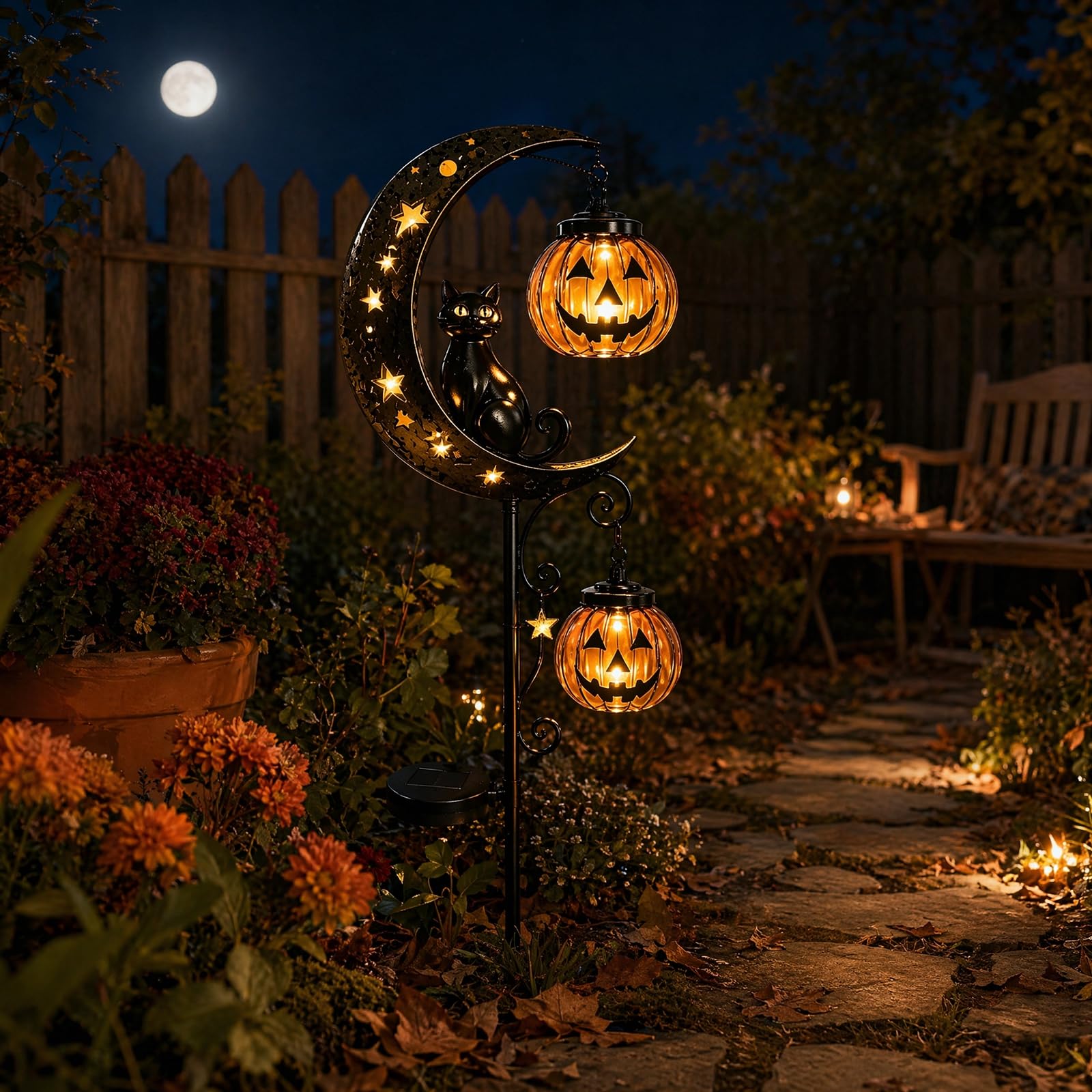 Solar Powered Black Cat & Pumpkin Moon Stake Light