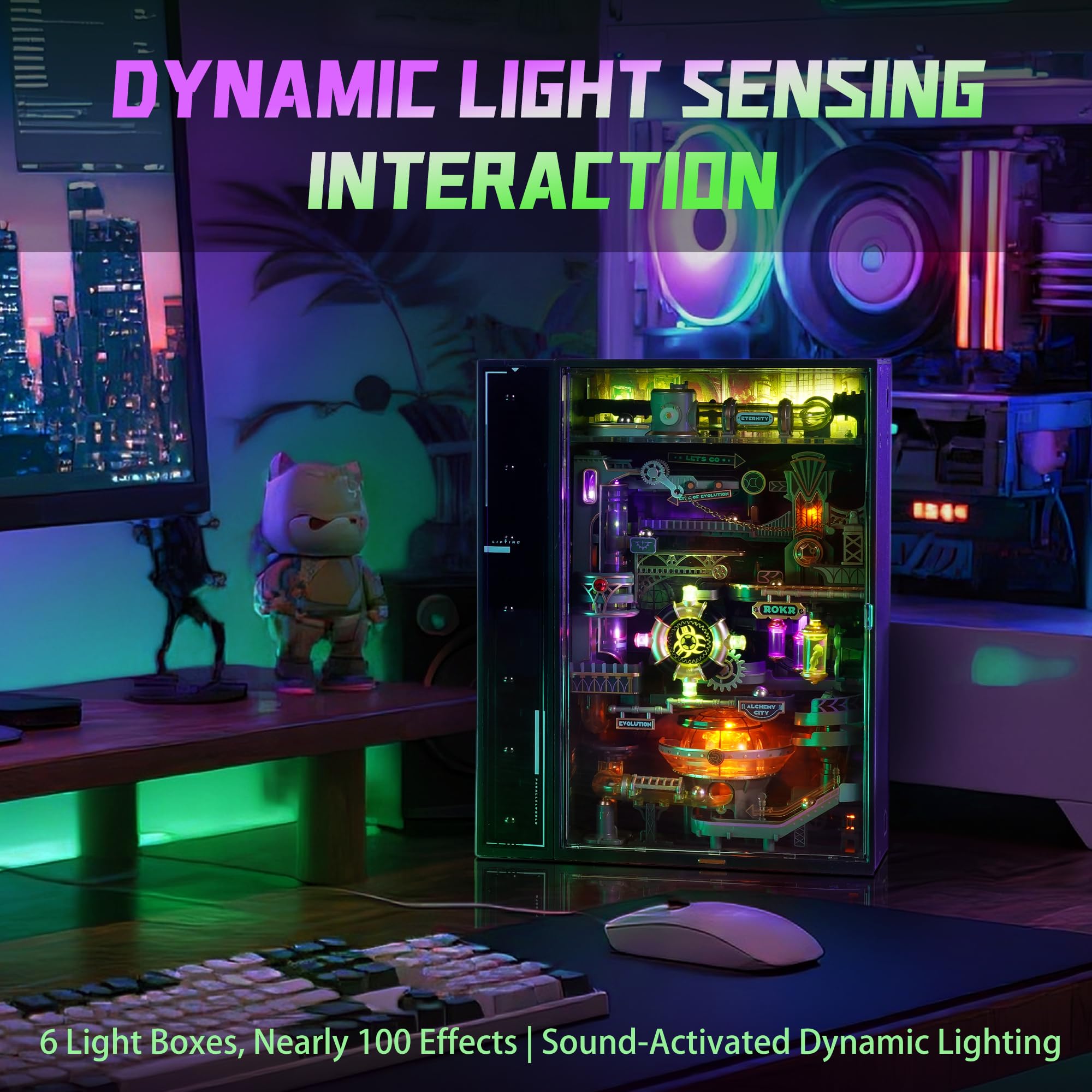 ROKR Kugelbahn 3D Puzzle Erwachsene Modell Alchemy City Gaming Deko Setup Erweiterungsfähige Kits Cyberpunk Geschenkidee für Männer-Parallel World MR04S
