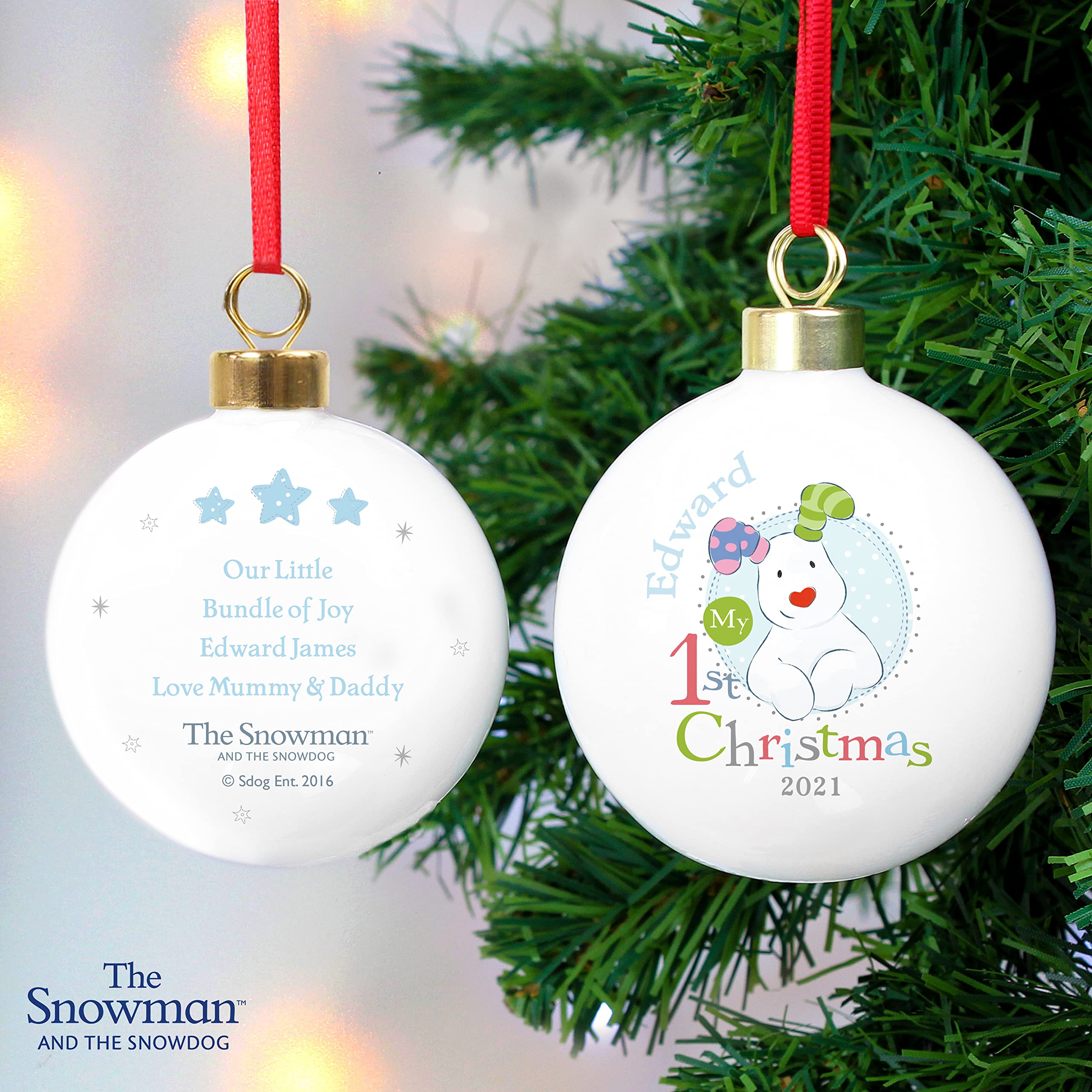 Personalised Memento Blue Custom Personalised The Snowman And The Snowdog My 1St Christmas Bauble
