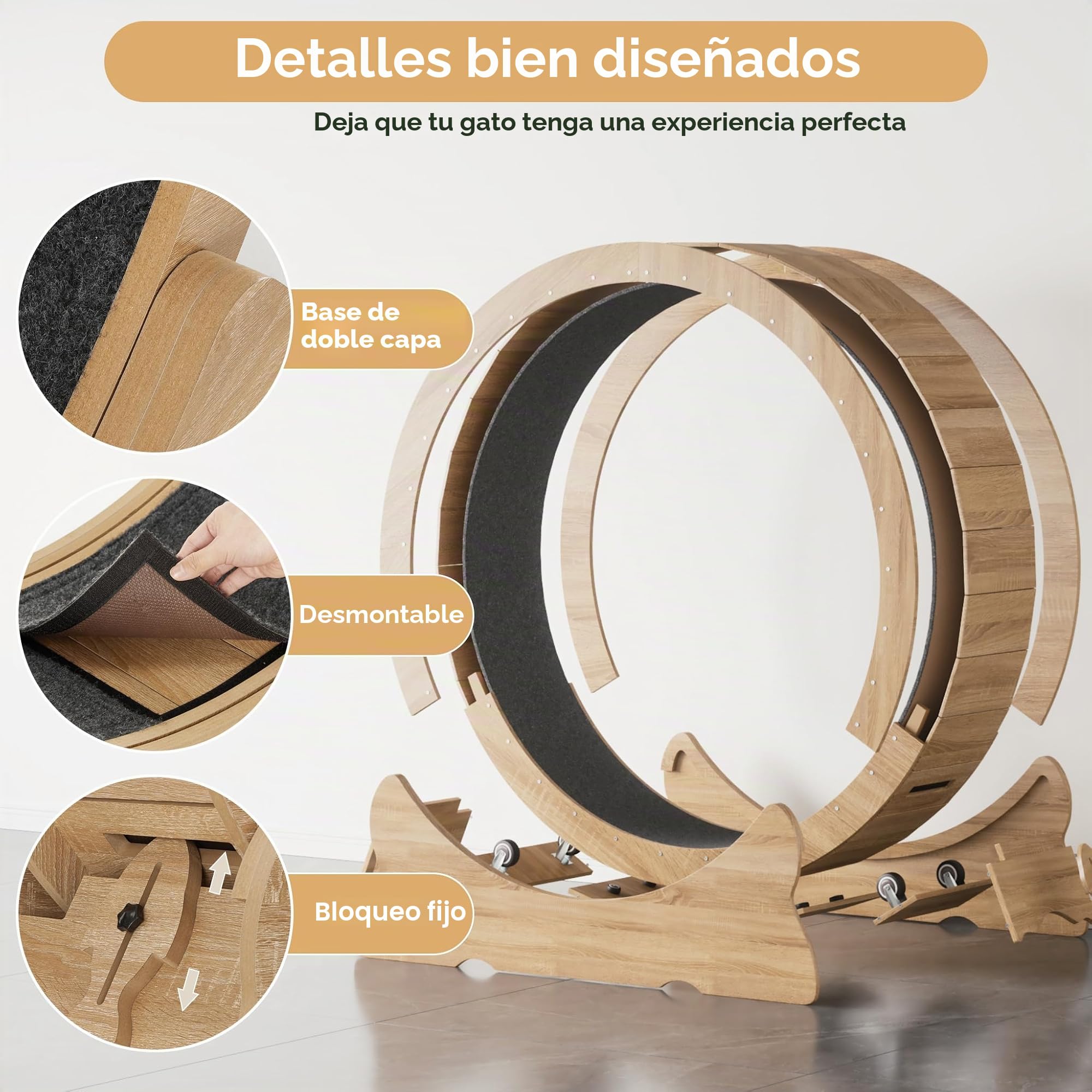 Mondeer Rueda para gatos, ejercicio para gatos de interior con pista alfombrada, cinta de correr XL de 43.3 pulgadas con alfombra extraíble, para correr y caminar (madera natural)