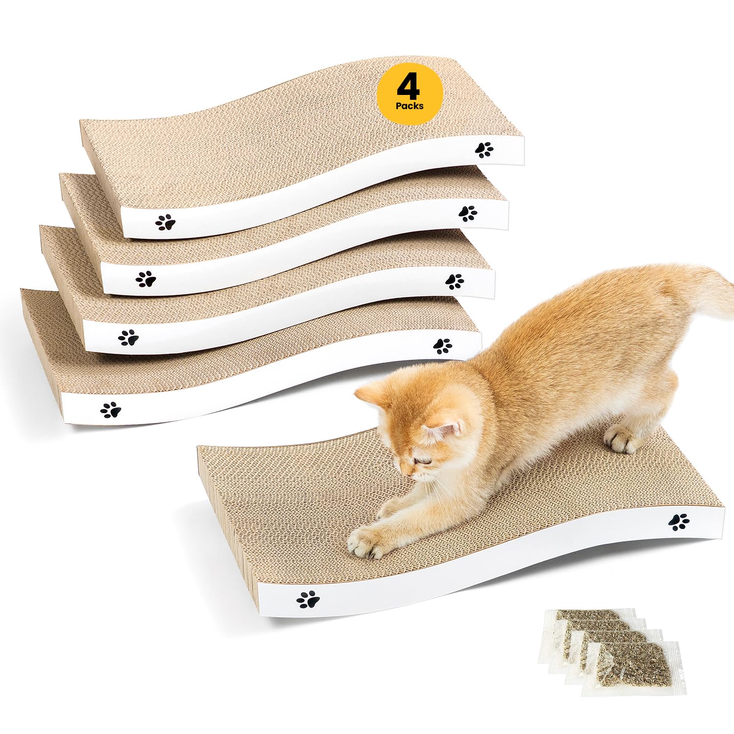 Cat Scratching Board, Durable Scratch Pad, Corrugated Cardboard Cat Scratcher for Indoor Cats, Heavy Duty, Double-Sided Usability, Recyclable with Catnip, Medium, 4 Pack