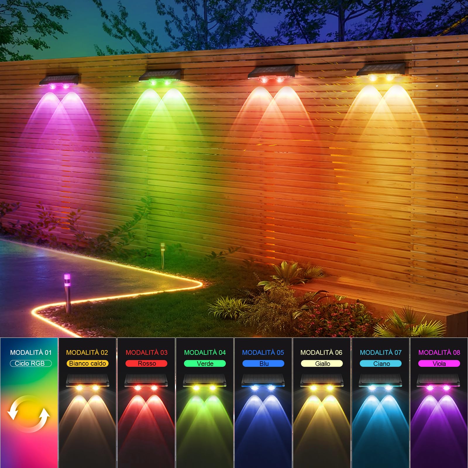 Luci Solari Parete Esterno 4 Pezzi | RGB 7 Colori Con Pannello, Impermeabile Per Giardino