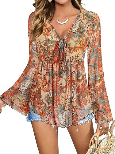 Verdusa Women's Paisley Boho 70s Mesh Tops Western Outfits Lettuce Trim Peplum V Neck Long Sleeve Blouse Top - Small - Orange Brown