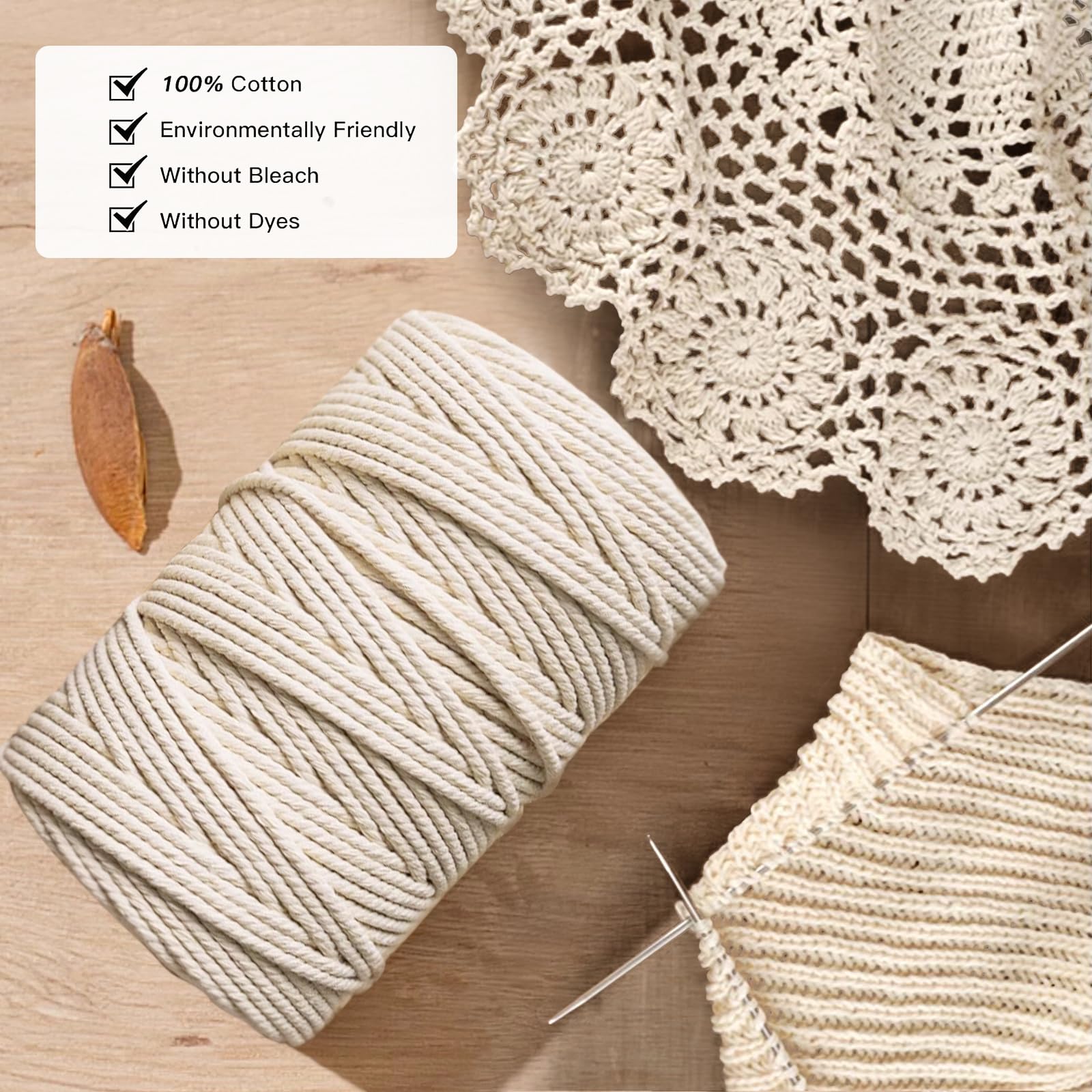 HOVIBU Filo Macramè, 3mm x 300m Corda Macramè in Cotone Premium Beige, Macrame Corda Morbido, Macramè Filo per Artigianato, Piante Sospese, Decorazioni Bohémien, Arazzi, Appendini per Piante