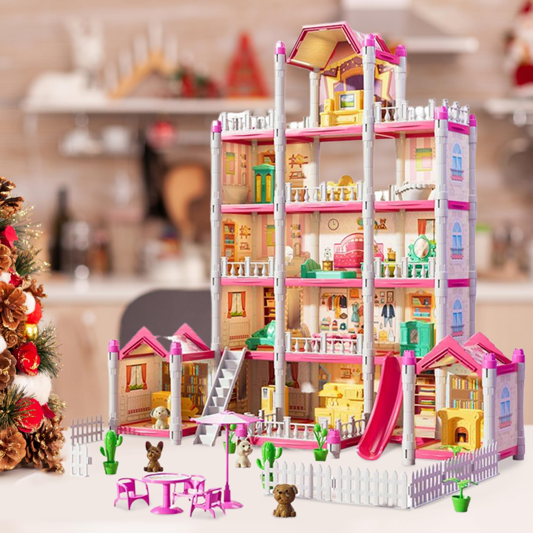 1 Juego de casa de muñecas de 5 Pisos, 14 Habitaciones, casa de muñecas de Lujo para niña, Castillo de Princesa DIY con muñeca, Cachorro, Muebles y Accesorios, Juguetes navideños de ensueño para niñ