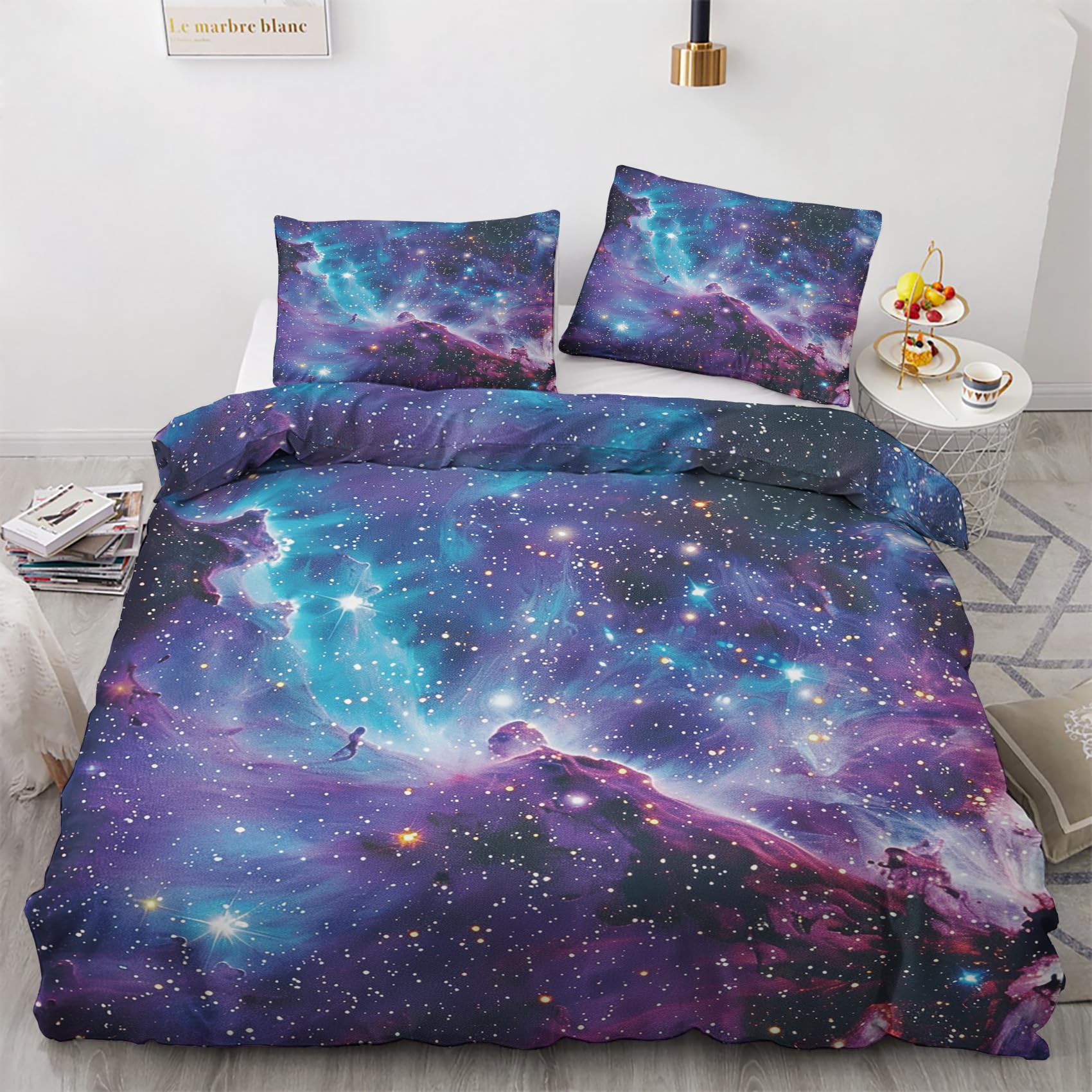 Nogawa Multicolor Galaxy Bedding Double - Space Starry Sky Double Duvet Set - Reversible Quilt Cover & 2 Pillowcases With Zip And Ties, Ultra Soft And Non Iron Brushed Microfibre Bed Set