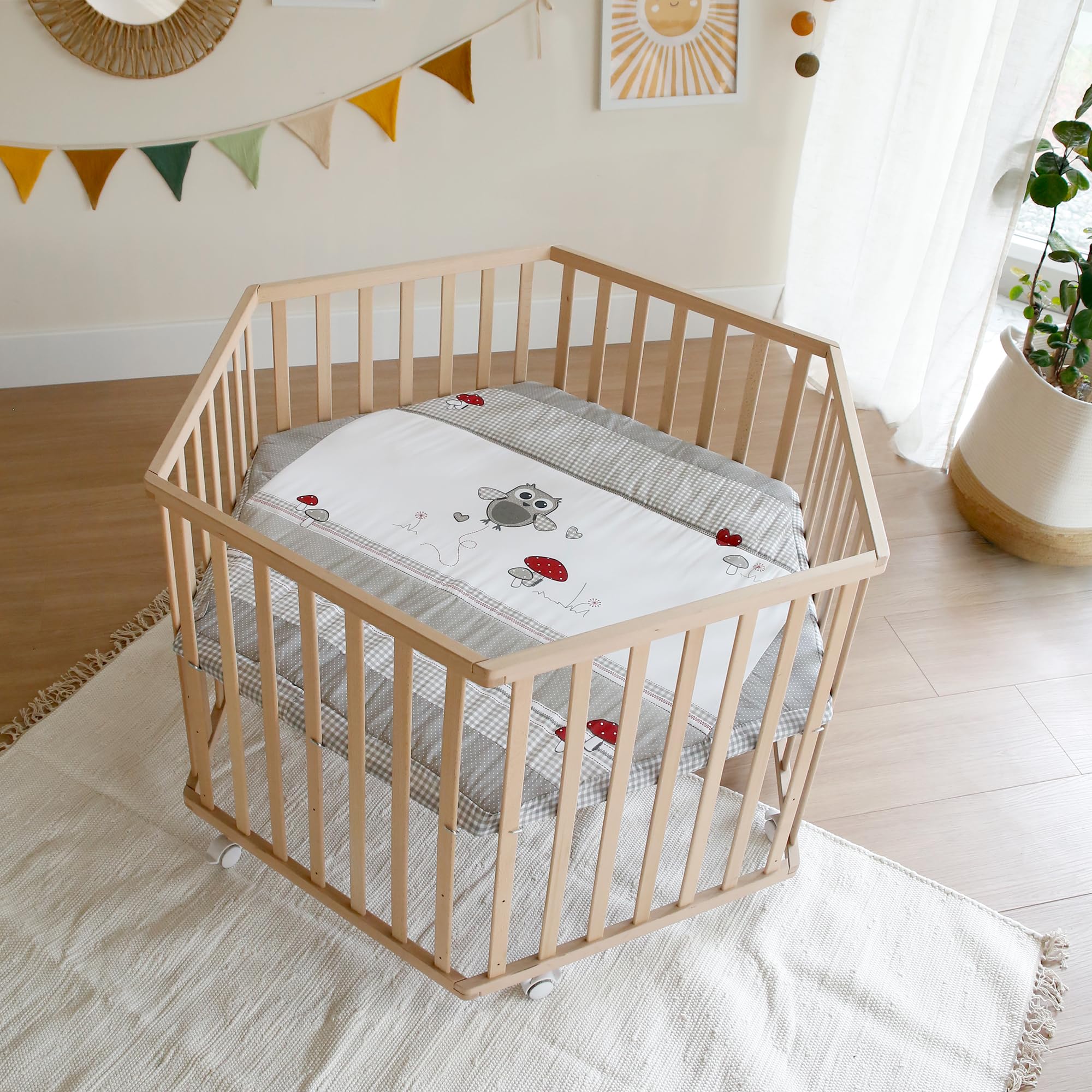 roba parc 'Adam & Hibou' – parc hexagonal/hexagone – parc de jeu sécurisé avec tapis de protection – mobile grâce aux roulettes – bois naturel