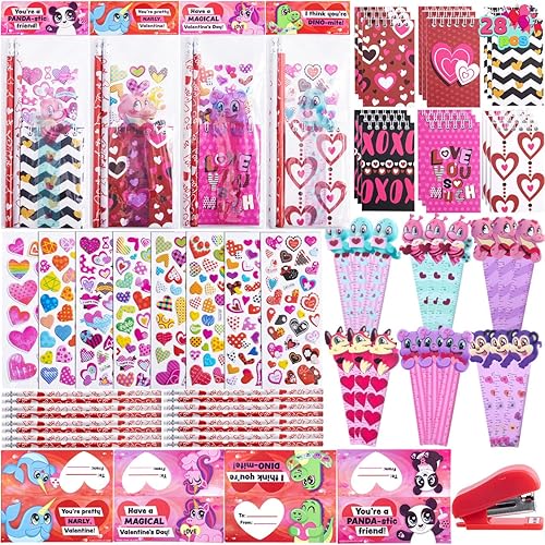 JOYIN Juego de 28 artículos de papelería para el día de San Valentín con tarjeta de regalo para niños, incluye lápices, reglas, cuaderno y