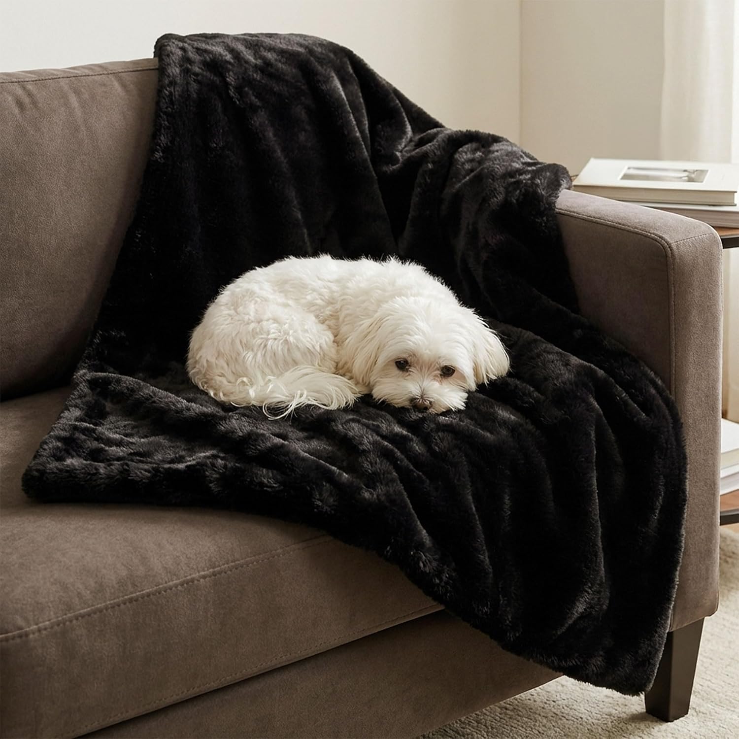 4 Cats & Dogs Pet Faux Fur Throw Blanket – Ultra Soft, Waterproof, Leakproof, Washable, Large (50"x60") Plush Pet Blanket for Couch, Bed, Sofa Protection – Luxurious, Cozy & Durable - Black