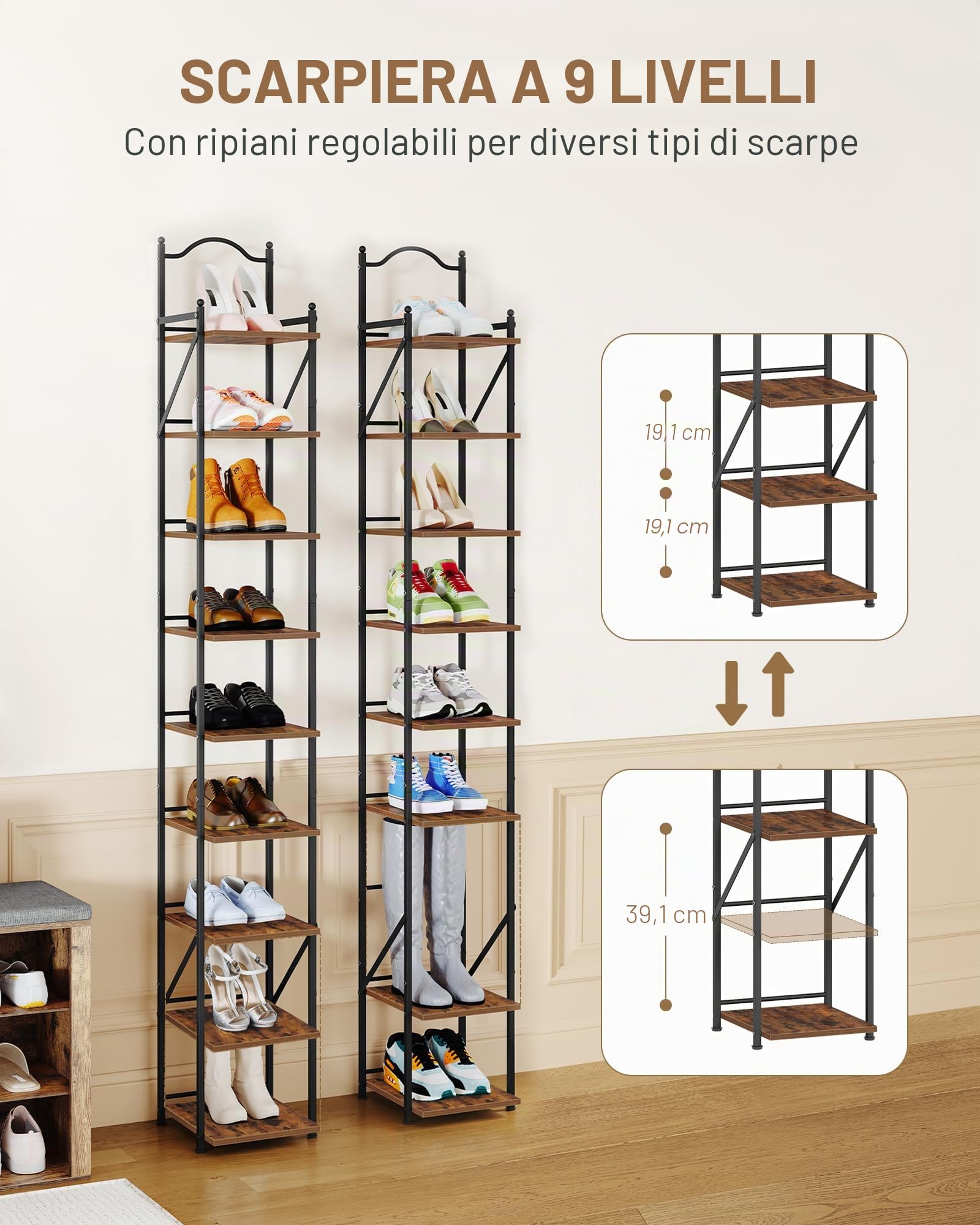 Hzuaneri Scarpiera Verticale, 9 Livelli, 2 Modalità Regolabili | Stretta Scarpiera in ferro e Legno, 26,5 x 27,5 x 185 cm, Salvaspazio, per Ingresso, Corridoio, Soggiorno, Marrone Rustico