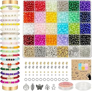 Sistenia Kit de fabricación de pulseras de cuentas de vidrio de 0.236 pulgadas, 1400 piezas, cuentas de cristal de 24 colores para hacer joyas, cuentas redondas, manualidades con cuentas espaciadoras