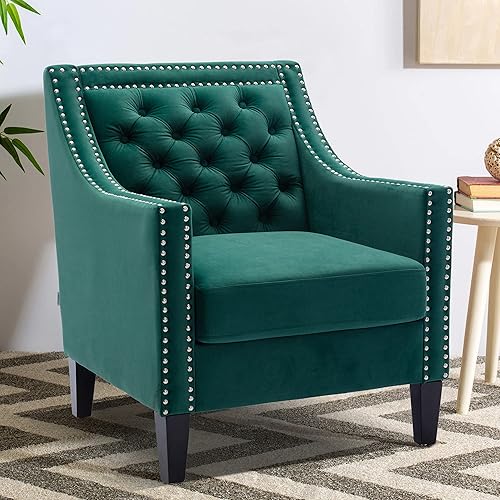 Miniatura 4 de Accent Chairs - Silla decorativa de terciopelo moderna de mediados de siglo con cabezas de clavos, silla de sala de estar con patas de madera