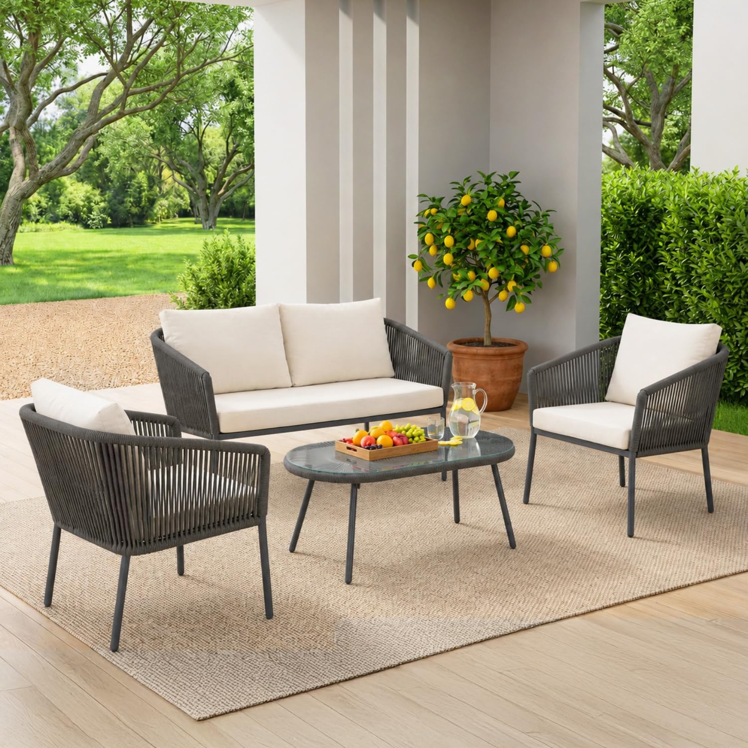 DEVOKO Outdoor 4-Seater Handwoven Rope Sofa Set with Oval Shape Glass Top Table Water-Resistant Cushion & Strong Metal Frame for Garden, Patio, Balcony(Grey & Off-White)