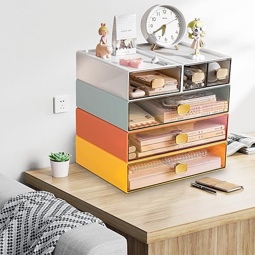 Miniatura 6 de DETEIN Paquete de 2 organizadores de escritorio con cajón apilable, cajón de almacenamiento pequeño, organizador de escritorio de plástico