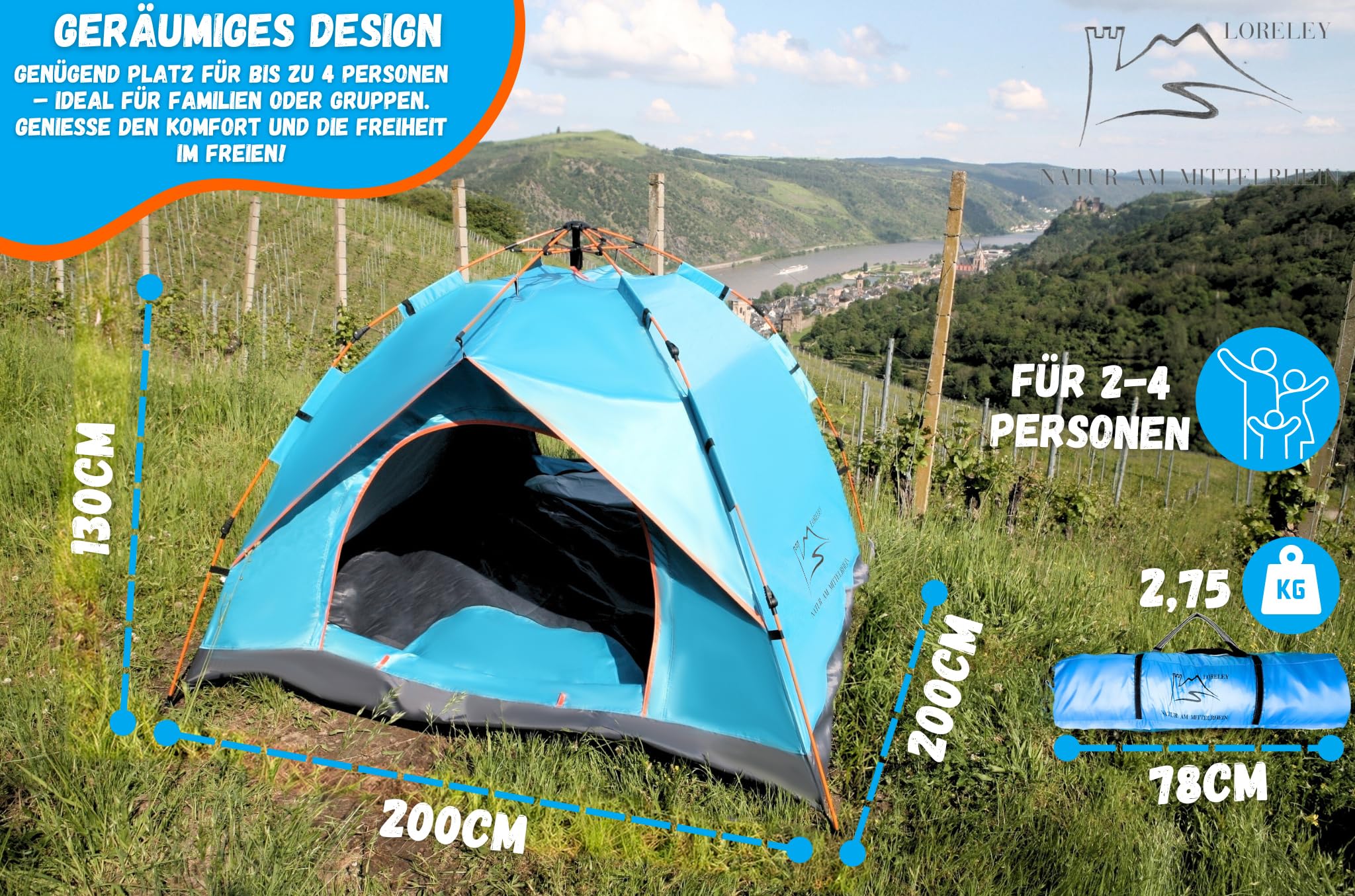 Loreley Zelt Natur am MITTELRHEIN Germany Premium fr 2-4 Personen -  wasserdicht - schneller & Leichter Aufbau - Ultralleicht & kleines Packma  - Camping-Outdoor-Festival-Angel-Motorrad (Blau) : Amazon.de: Sport &  Freizeit