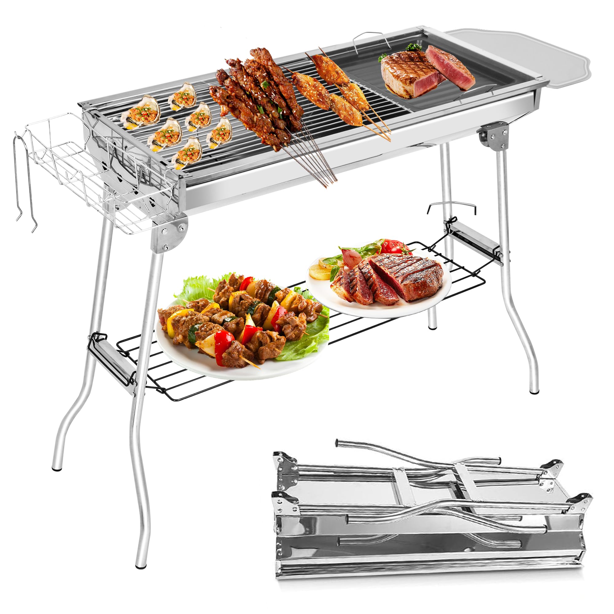 TEOV Edelstahl Holzkohle BBQ Grill, faltbar, für Draußen, Terrasse, Camping, Party - 100x3|5x70cm