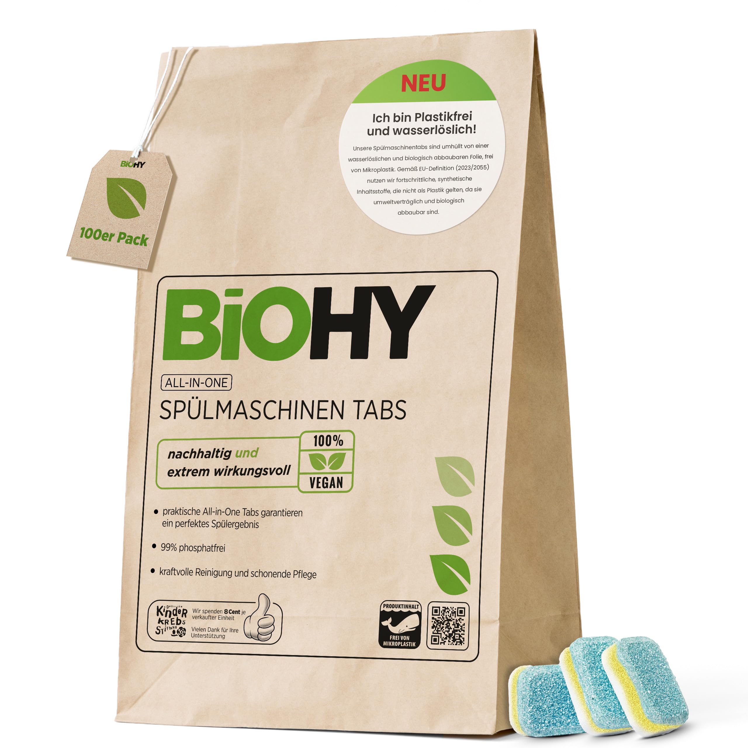BiOHY Pestañas para el lavavajillas todo en uno (100 Tabs) | Sin fosfatos | Para la limpieza de vajilla y cubertería | Contra las grasas más resistentes y restos de comida (Spülmaschinen Tabs)
