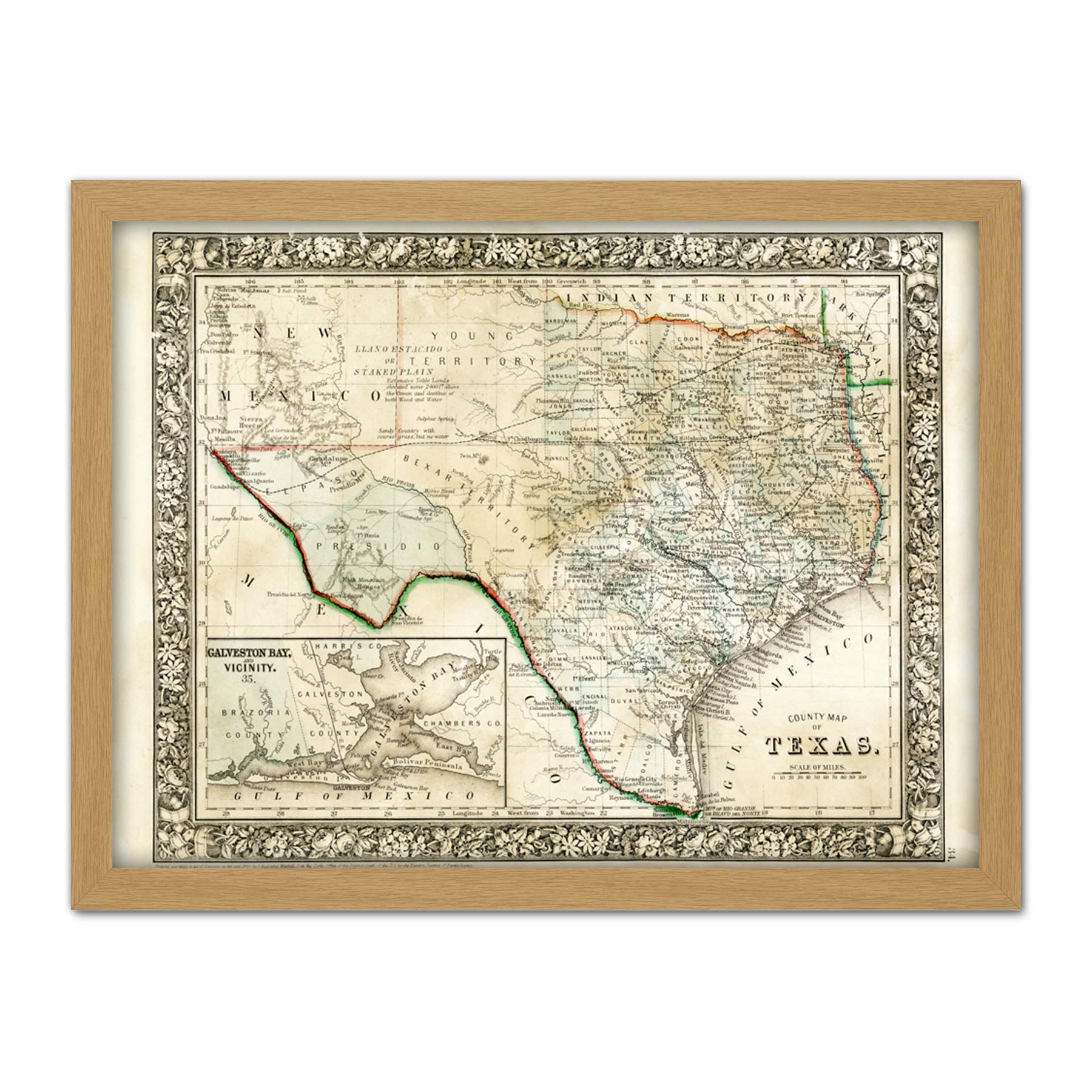 Mitchell 1860 Map Texas County USA State Artwork Framed Wall Art Print 18X24 Inch