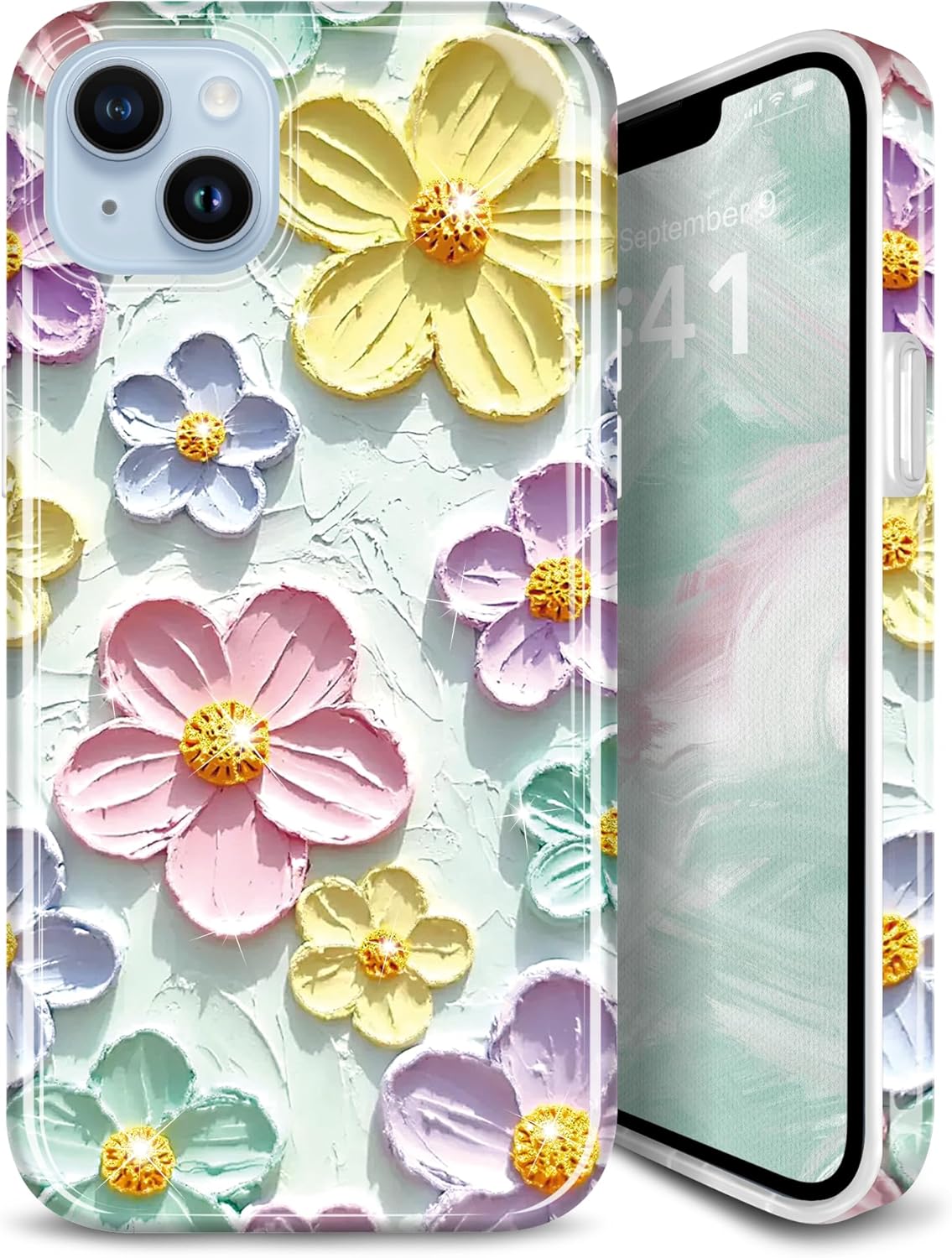 JIAXIUFEN Case for iPhone 12 Pro iPhone 12 Sparkle Glitter Retro Oil Painting Printed Flower Design Slim Shockproof Protective TPU Soft Silicone Cover Phone Case Mint Colorful Flower Mint Colorful