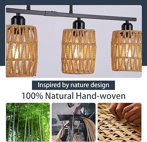 Miniatura 7 de Iluminación de isla de cocina de ratán, candelabro costero bohemio, lámpara colgante rústica de 4 luces para comedor, altura ajustable, luces