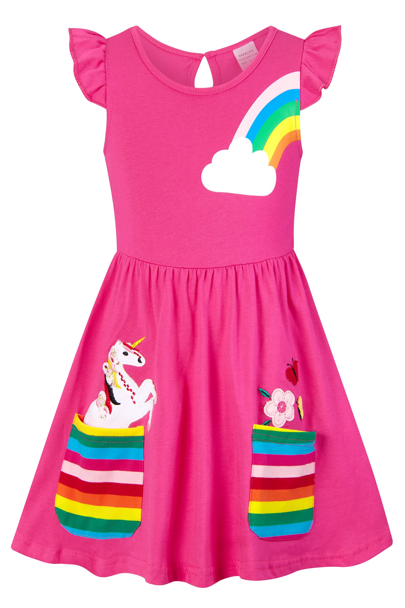 SFreeBo Mädchen Kleider Einhorn Regenbogen Kleid Kinder Mädchen Geschenk Baumwolle Bunt Kleider für Mädchen 104 110 116 122 128