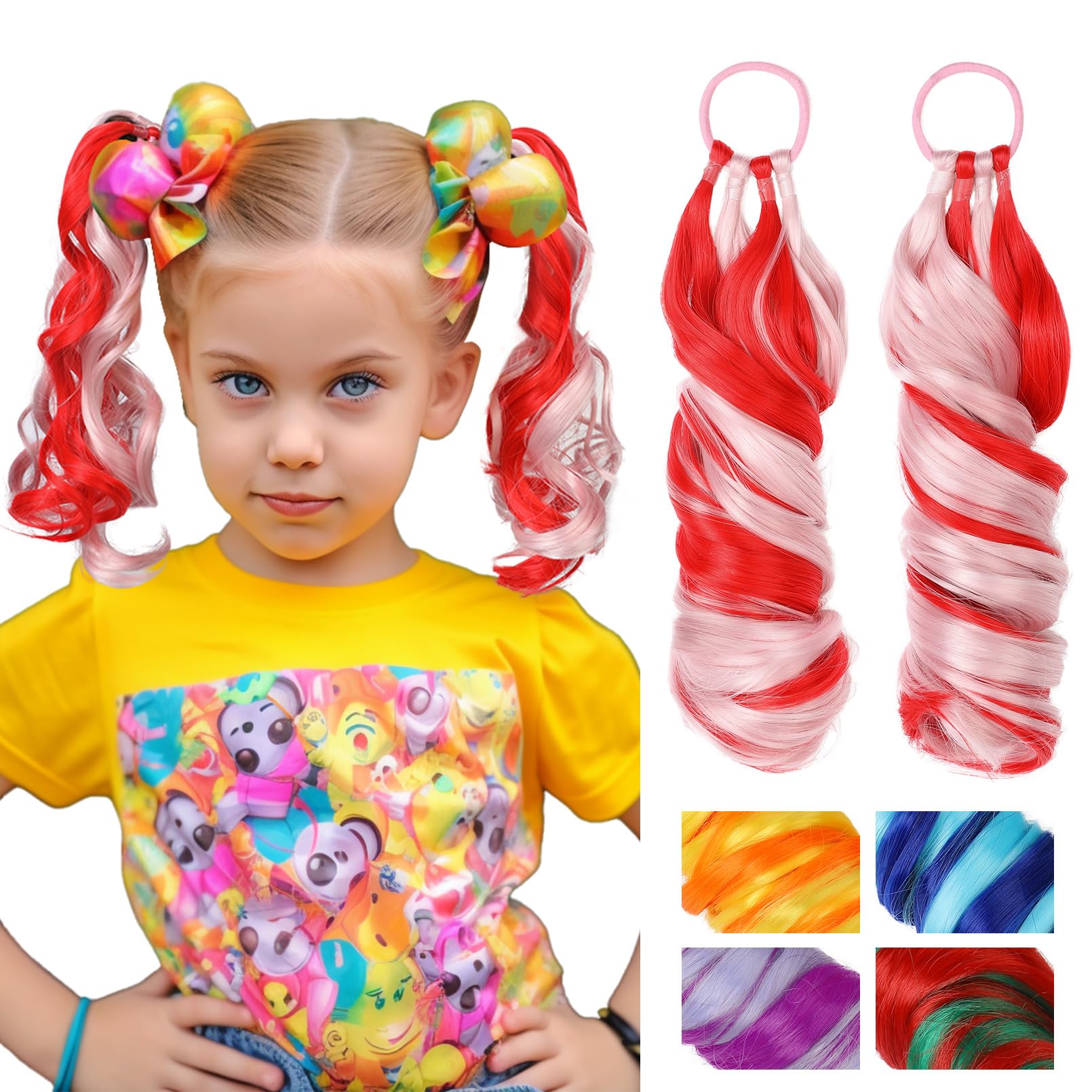 SEIKEAColored Hair Extensions, 12" 2Pcs Lightweight Colored Hair Extensions for Kids Curly Ponytail Extension with Hair Tie, Crazy Hair Day Accessories, Hair Accessories for Girls Red with Pink