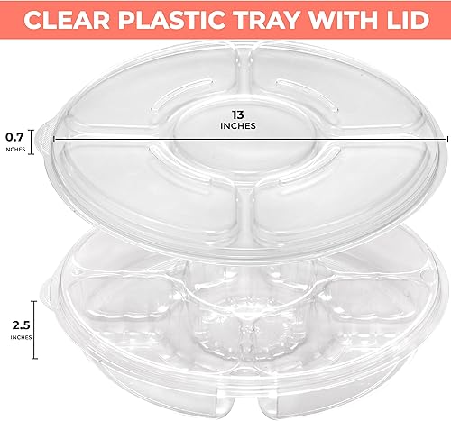 Miniatura 2 de Paquete de 8 Bandeja redonda de plástico para aperitivos de 13 pulgadas con tapa, recipiente de 5 compartimentos, bandeja de inmersión para servir