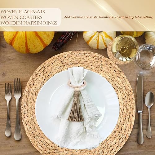 Miniatura 5 de Juego de 6 manteles individuales bohemios, manteles individuales redondos de 12 pulgadas, manteles individuales rústicos con posavasos y