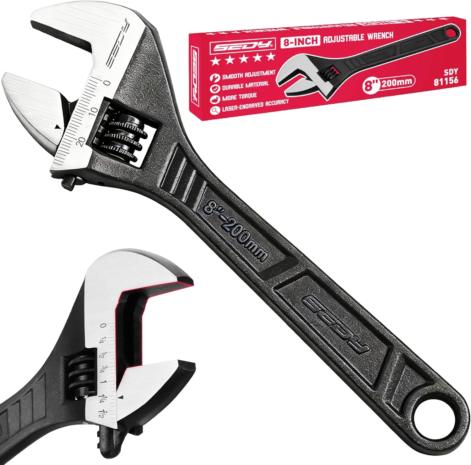 SEDY 8-Inch Adjustable Wrench, Black Oxide Finish Wide Jaw Spanner with Inch/Metric Scale, Premium Drop Forged Steel for Automotive Plumbing and Household Repairs