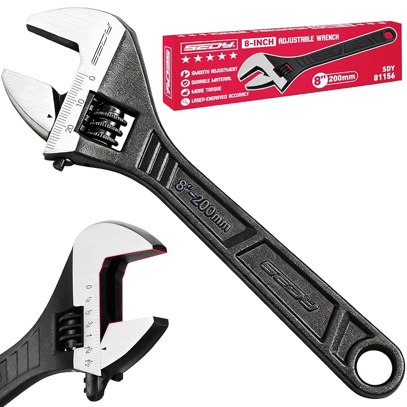 Chave ajustável SEDY de 20,3 cm em aço-carbono com escala métrica e SAE, mordente amplo e acabamento preto, modelo 81156