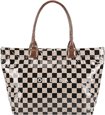 Lushandy PVC Tote Bag with Zipper Checkered Tote Bag Large Plastic Letters Print Hobo Handbag Checkered Purse for Work Travel